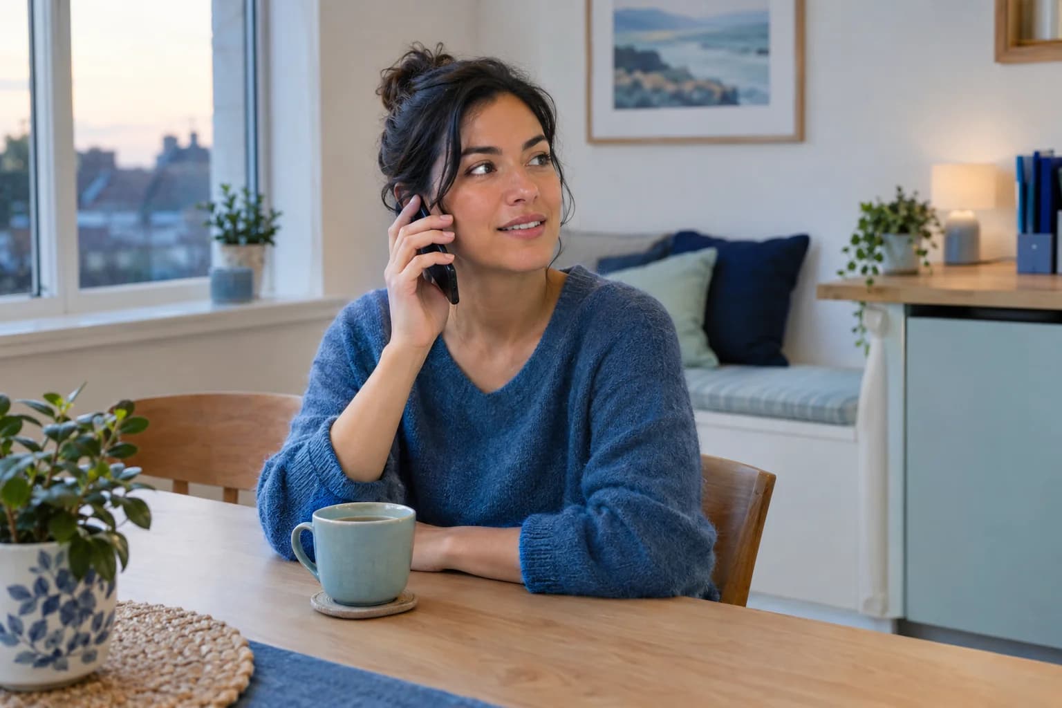 Photo of a person at a kitchen table calling to ask about acupuncture