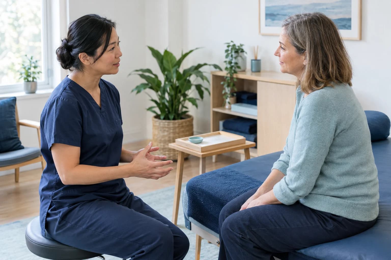 Photo of a acupuncturist talking calmly with a client before treatment in a calm clinic room