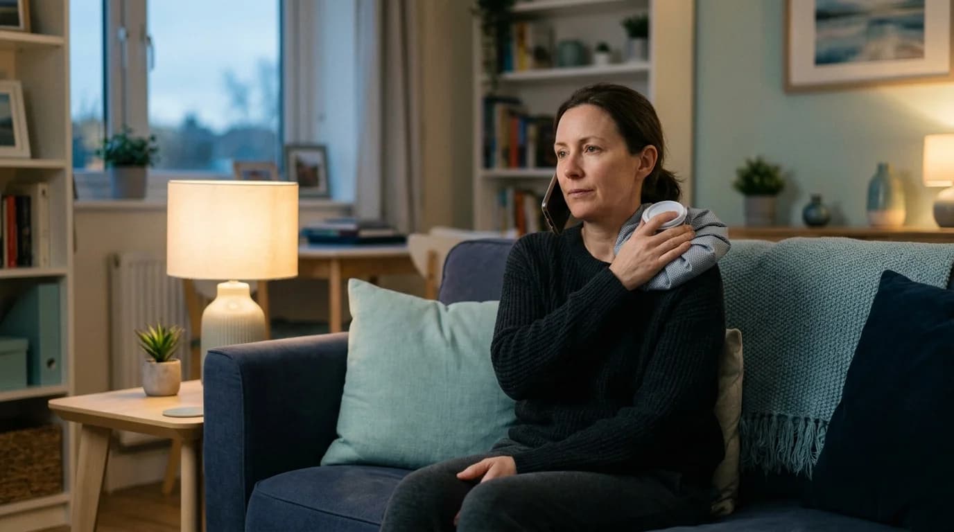 Photo of a person at home in the evening calling an allied-health clinic with an ice pack on their shoulder