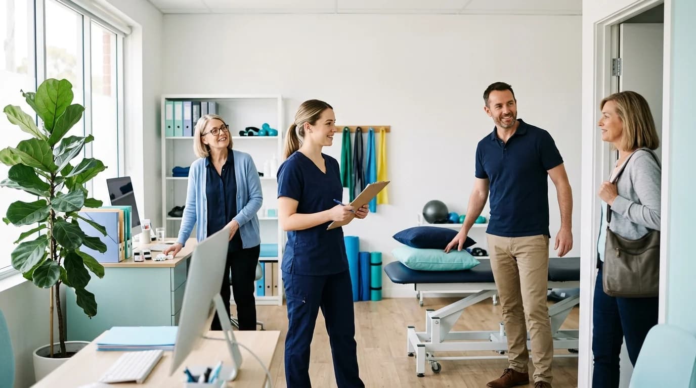 Photo of an allied-health team greeting a patient in a bright shared clinic