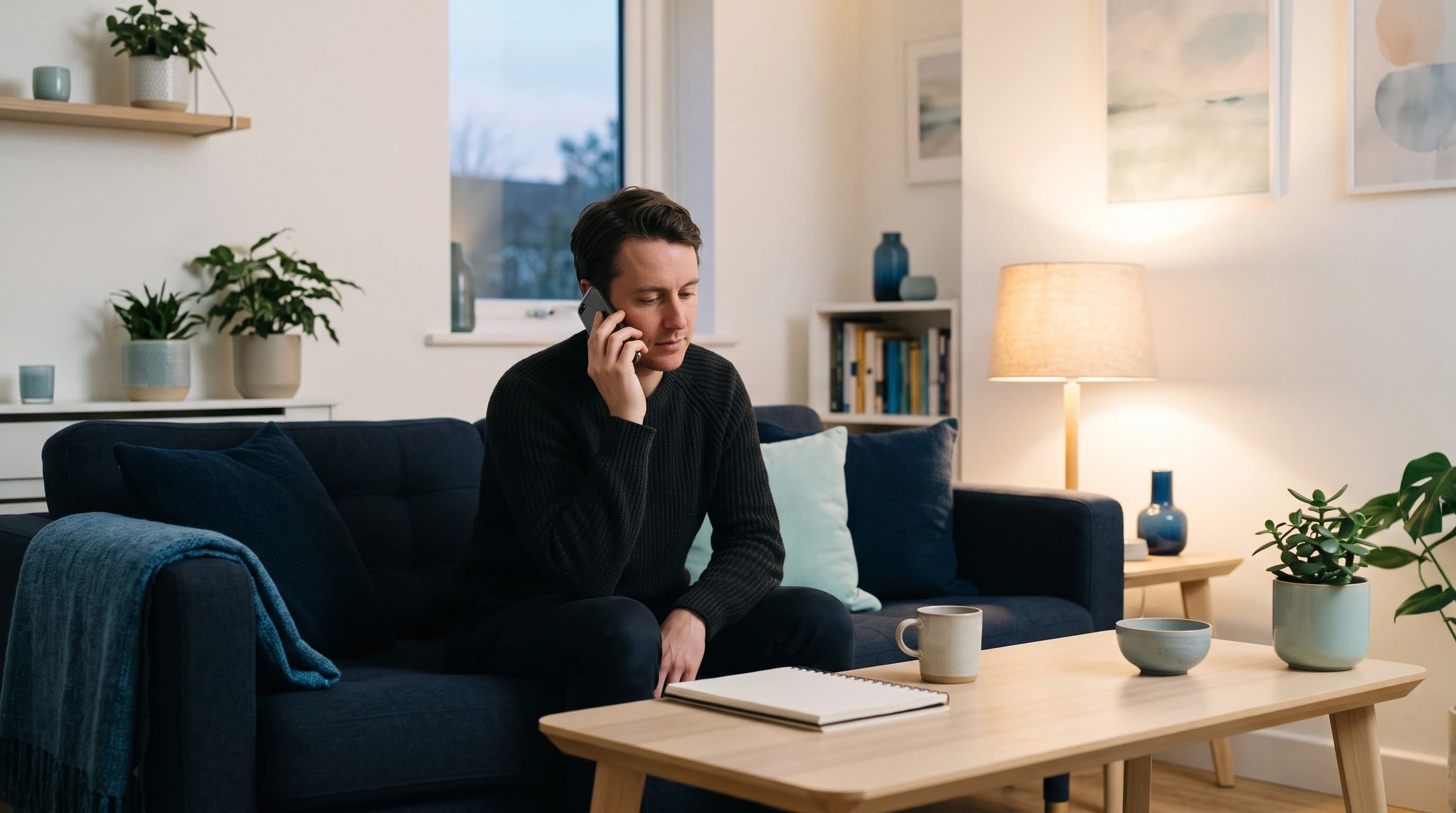 Photo of a person at home in the evening calling an art therapist