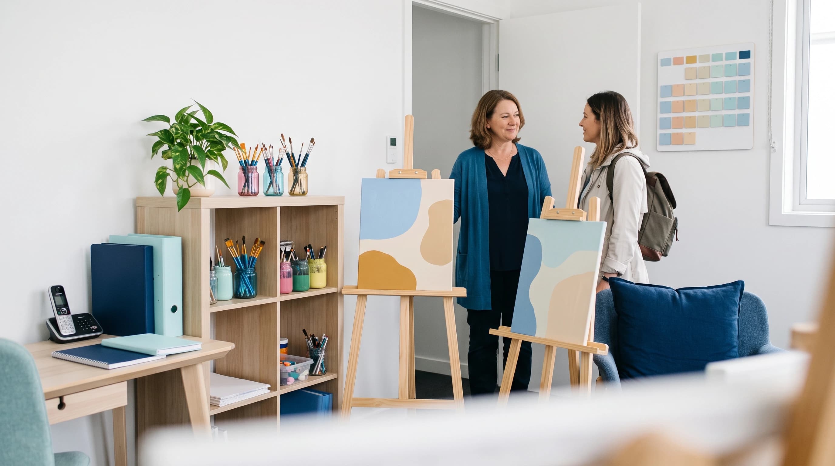 Photo of a calm art therapy studio with easels and a tidy supplies shelf