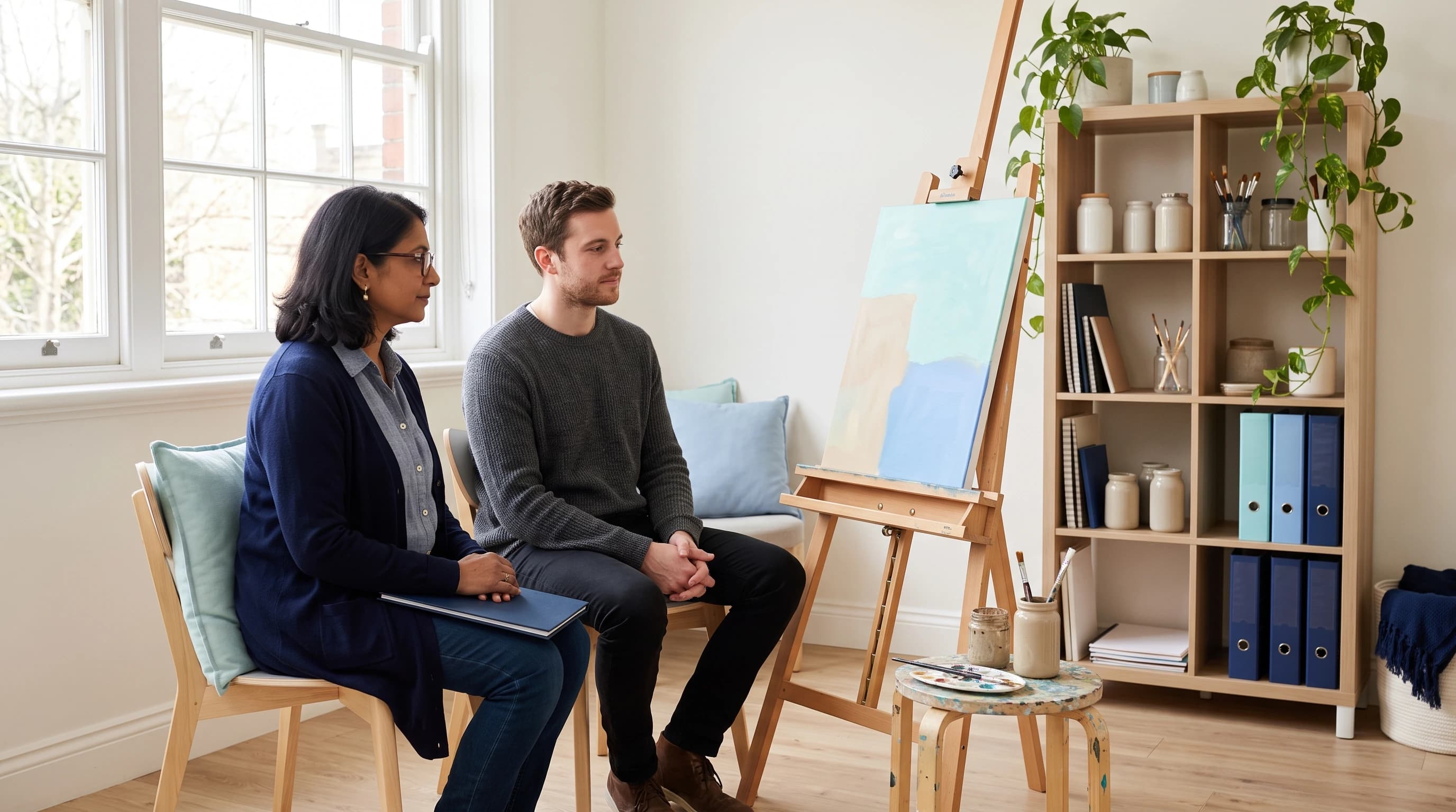 Photo of an art therapist and a client talking beside a studio easel in a calm, light-filled room