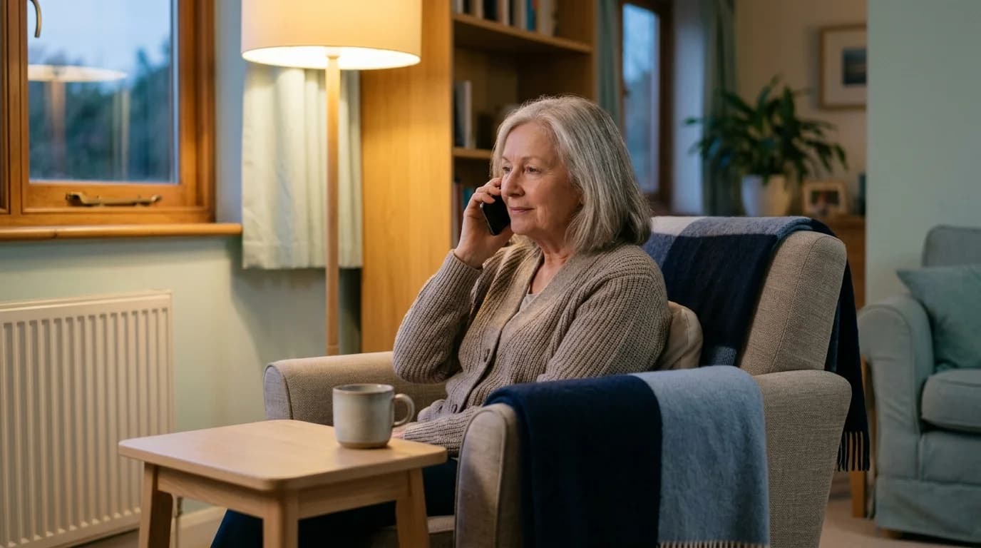 Photo of an older person at home in the evening calling to book a hearing test