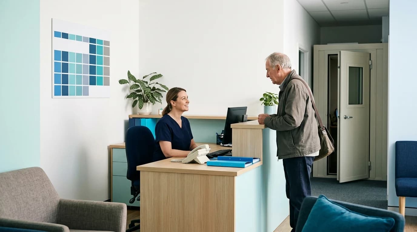 Photo of an audiology clinic reception with a sound booth door ajar in the background