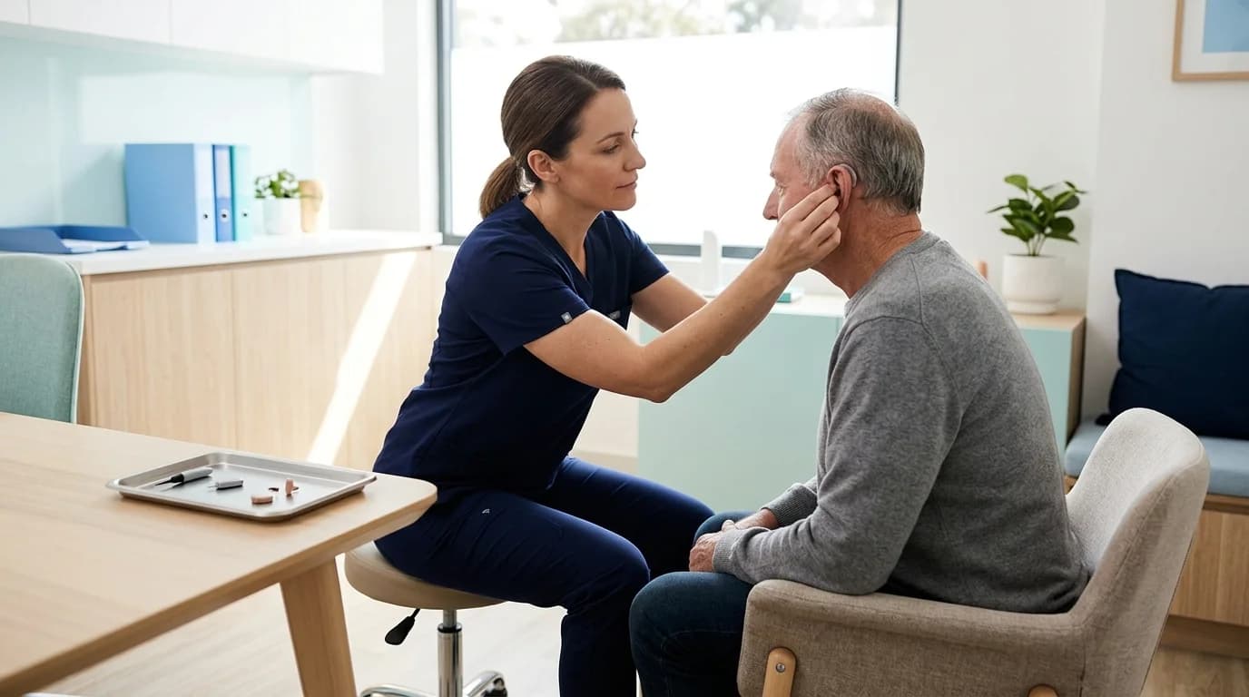 Photo of an audiologist fitting a hearing aid on a seated patient in a bright clinic