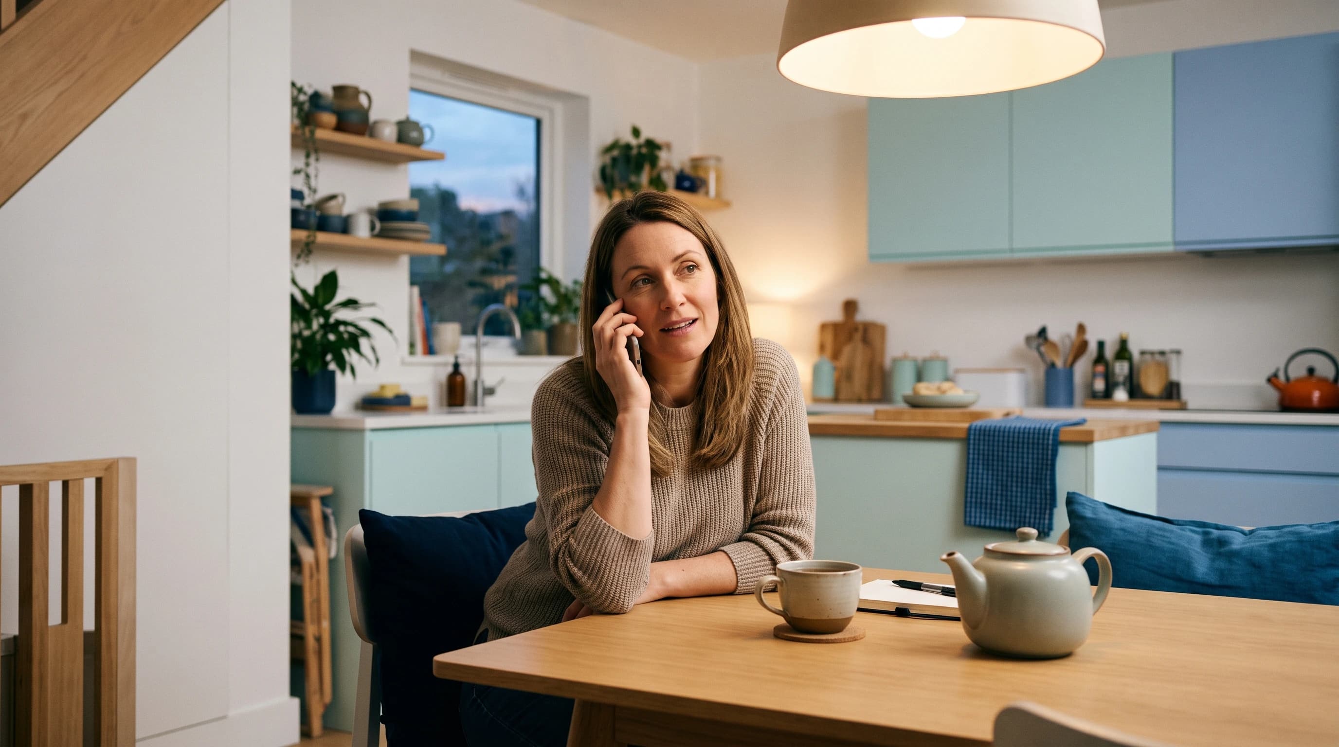 Photo of a person at home in the evening calling to book an acupuncture consultation