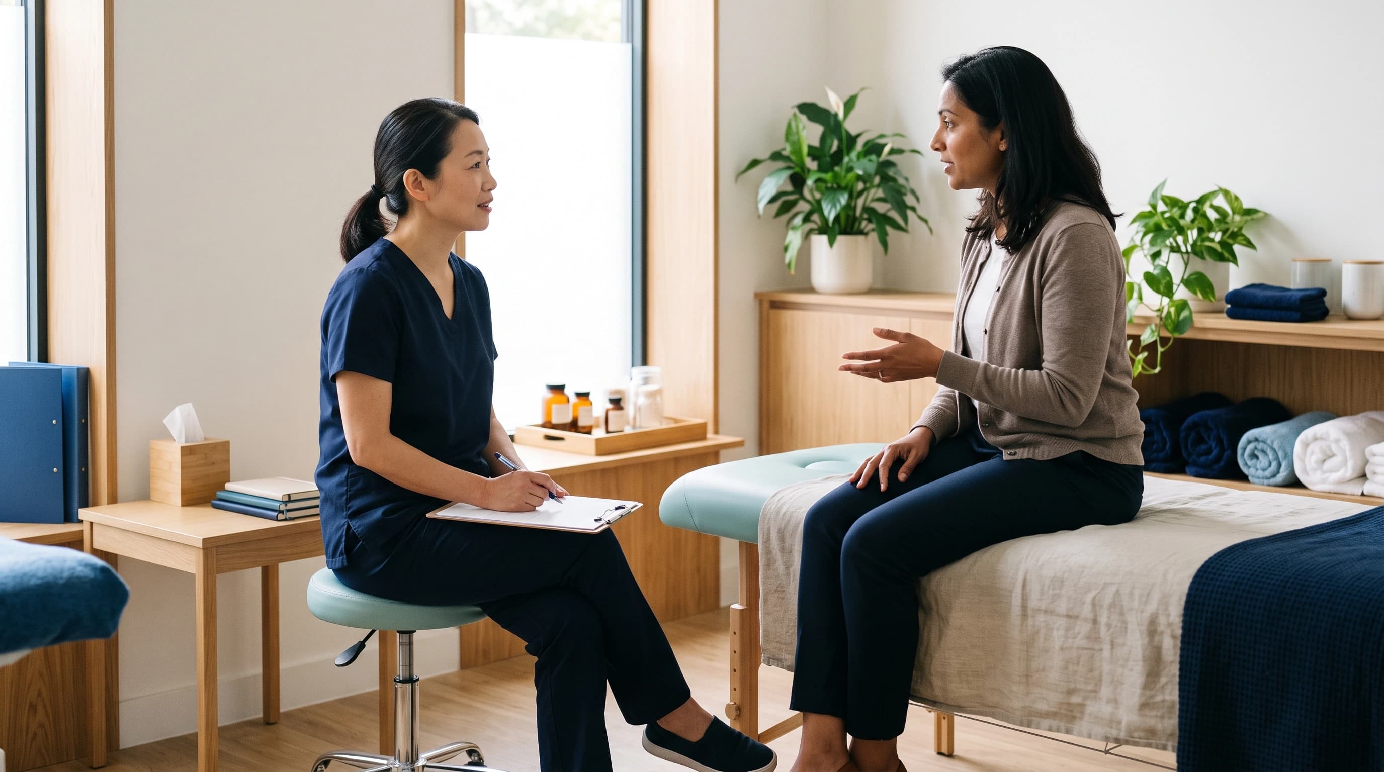 Photo of a Chinese medicine practitioner talking calmly with a client in a serene treatment room
