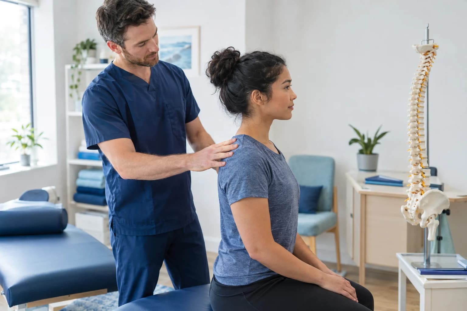 Photo of a chiropractor checking a standing patient's posture in a calm clinic room