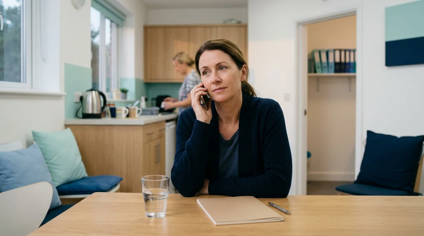 Photo of a person at a kitchen table calmly calling a dietitian in the evening