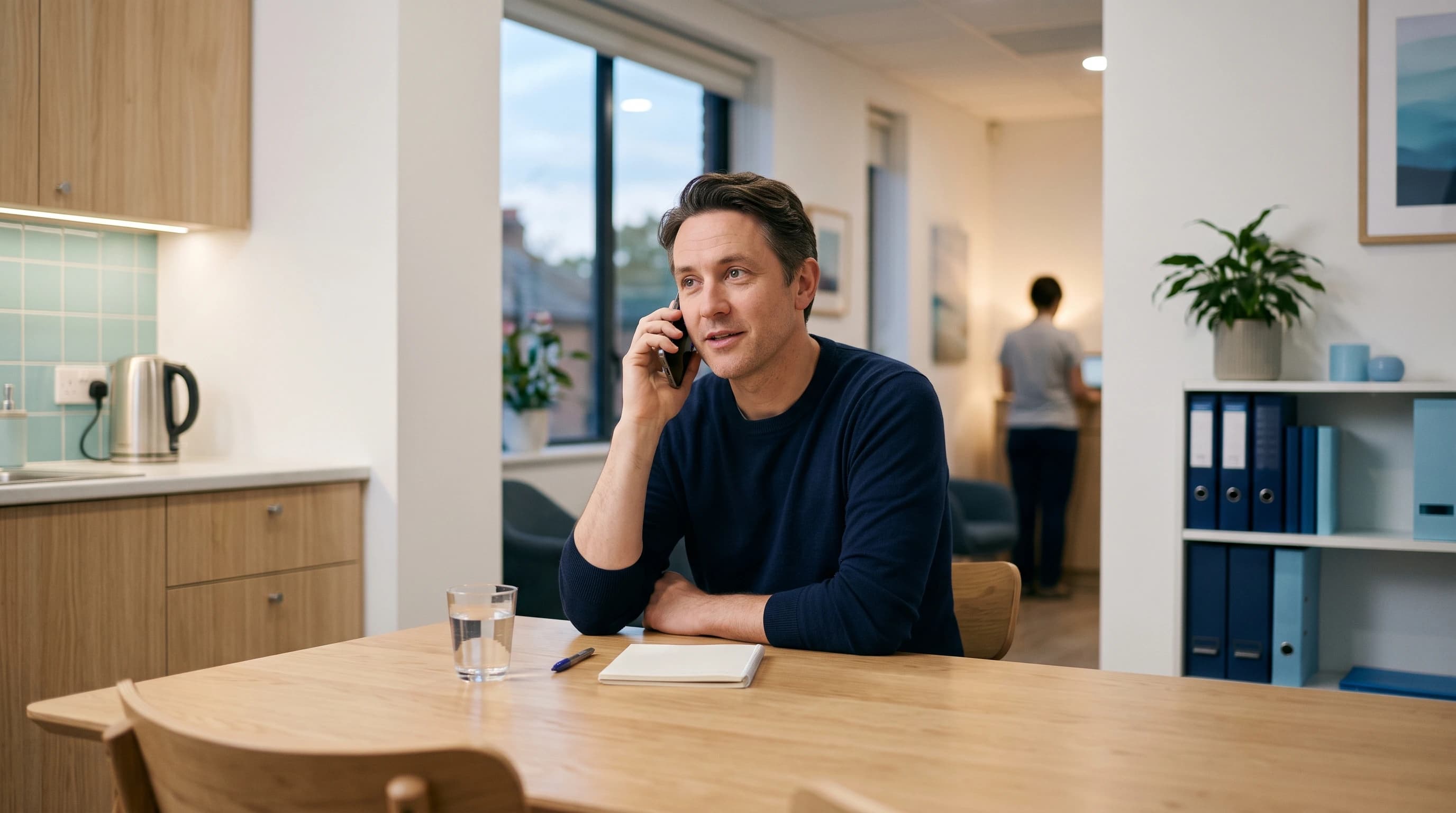 Photo of a person at home in the evening calling to book a kinesiology session