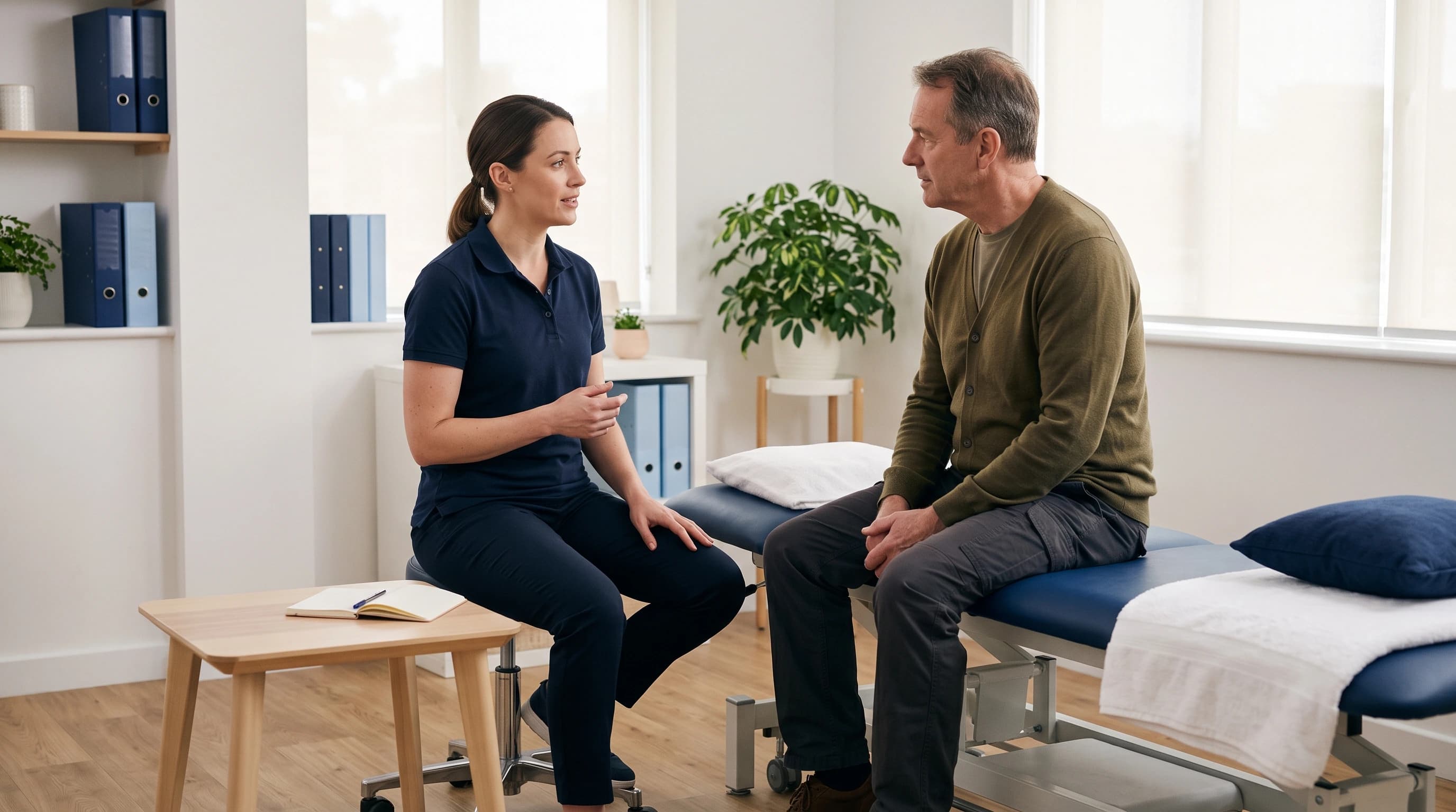 Photo of a kinesiologist talking calmly with a client before a session in a warm consult room