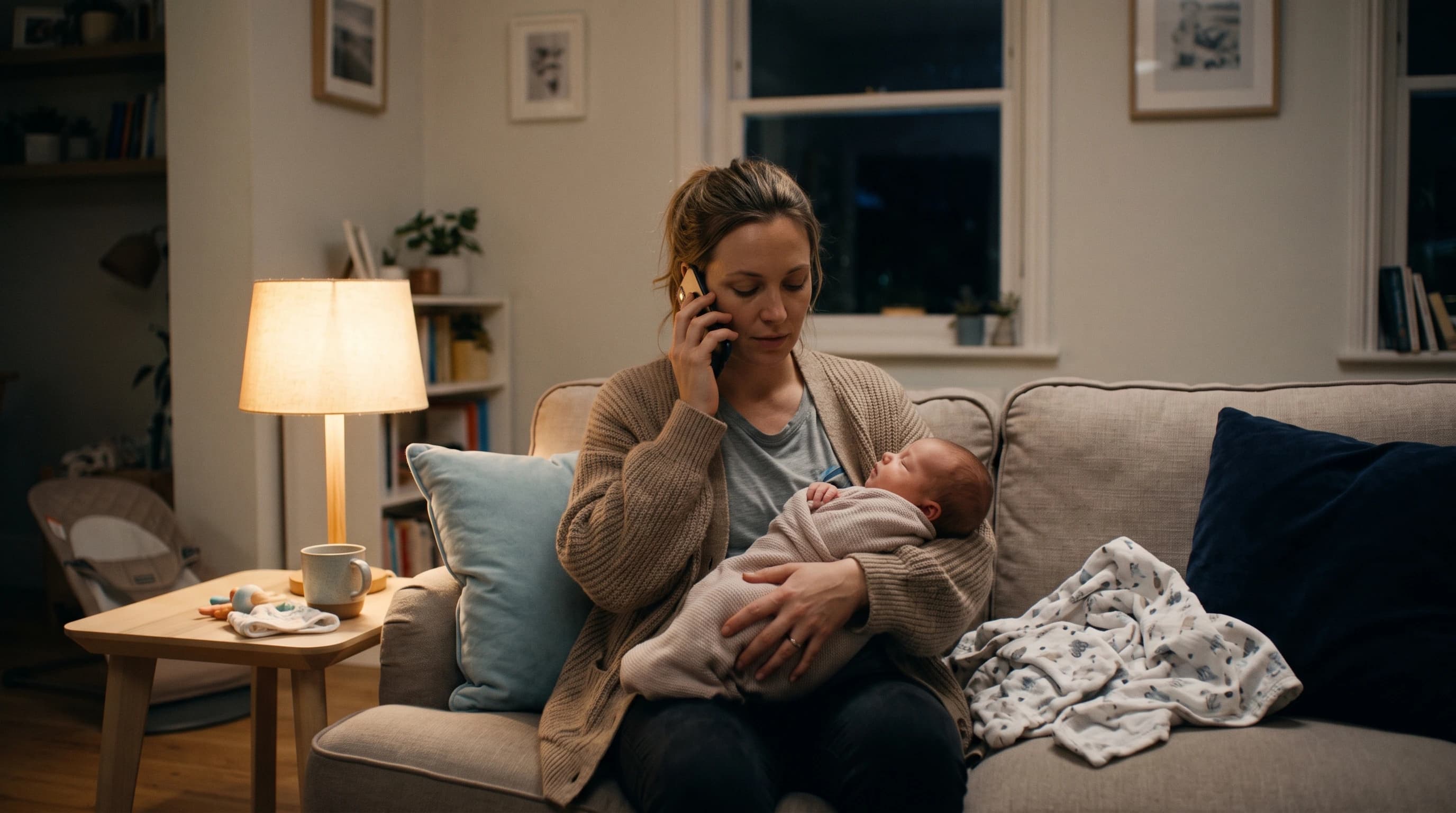 Photo of a new mother at home at night holding her baby while making a phone call