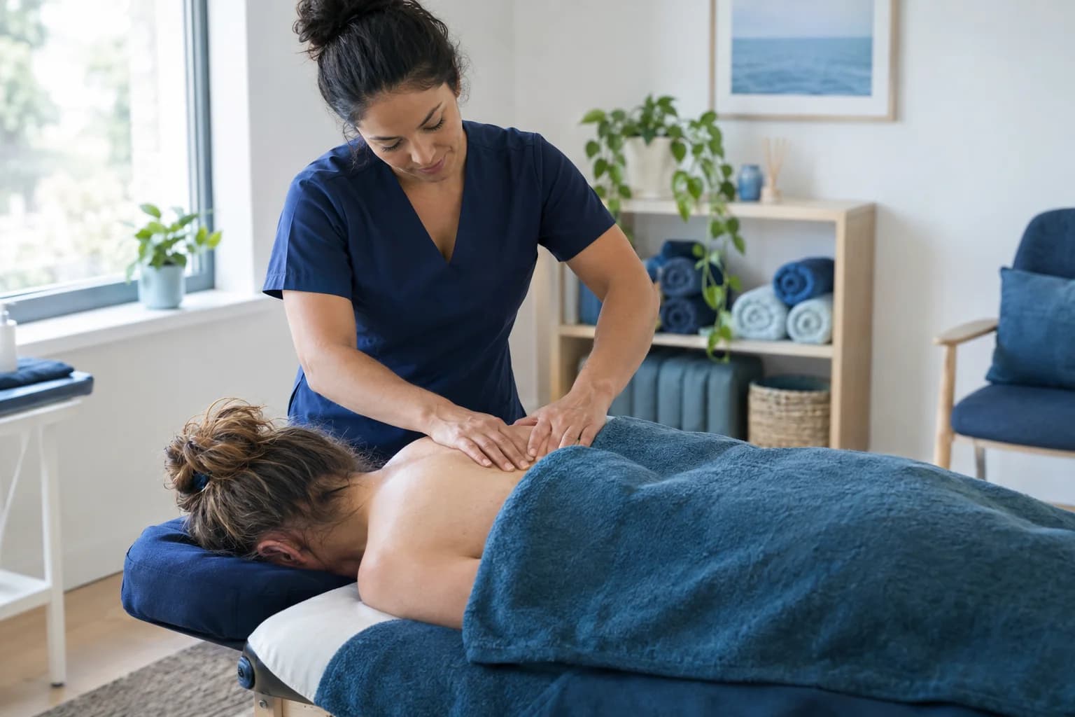 Photo of a massage therapist working on a relaxed client's shoulders in a calm clinic room