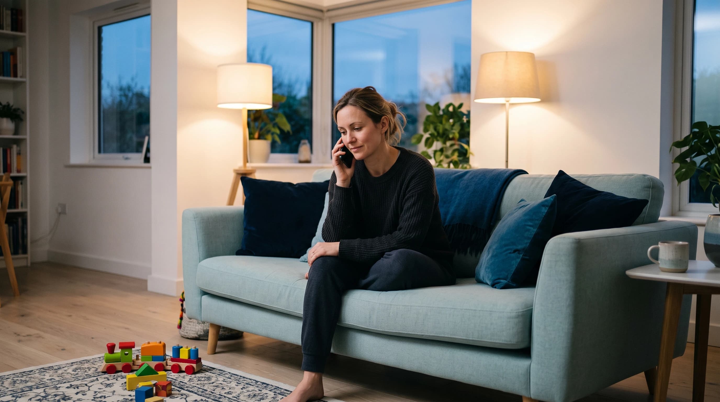Photo of a parent at home in the evening calling a music therapist