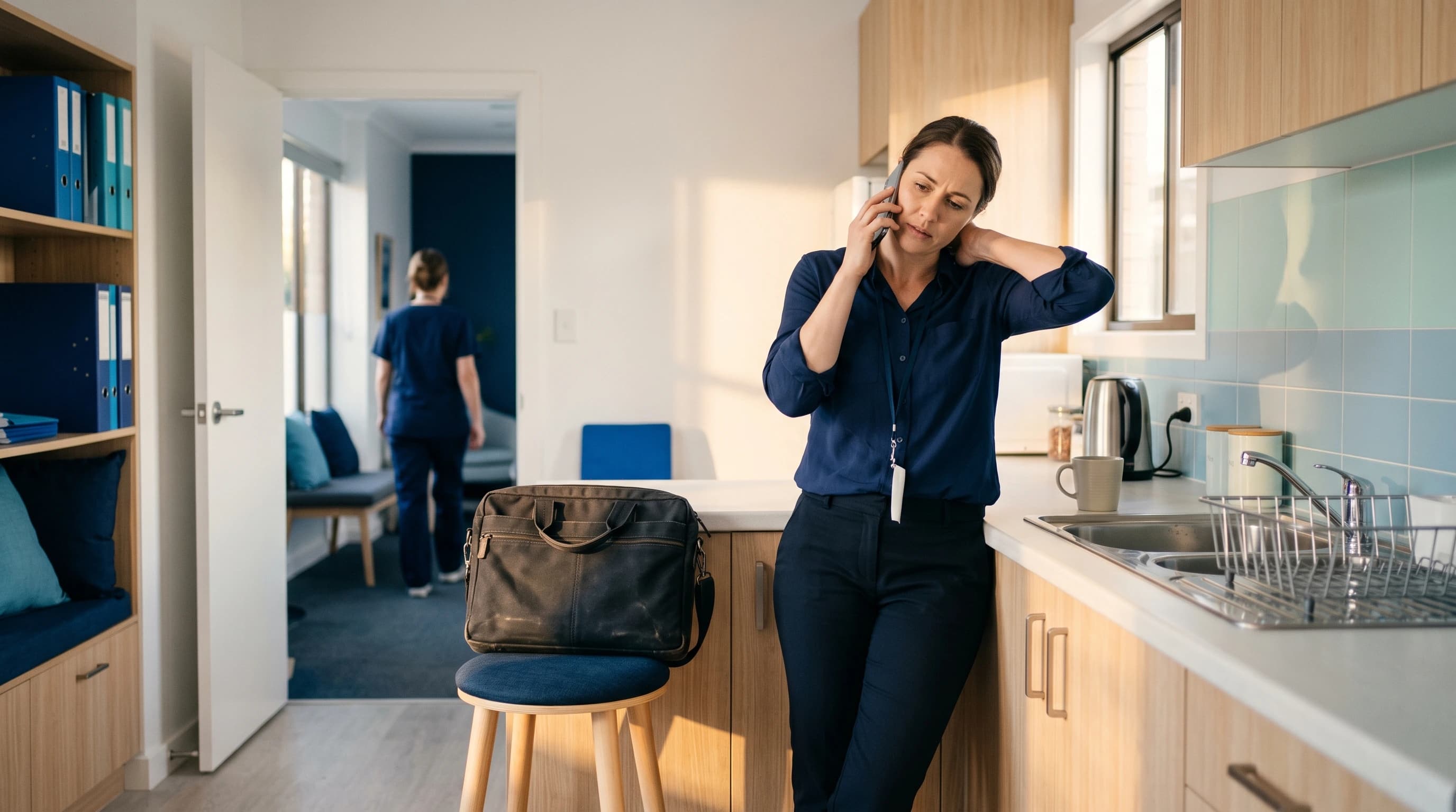Photo of a desk worker after a long day calling a myotherapy clinic from a kitchen bench