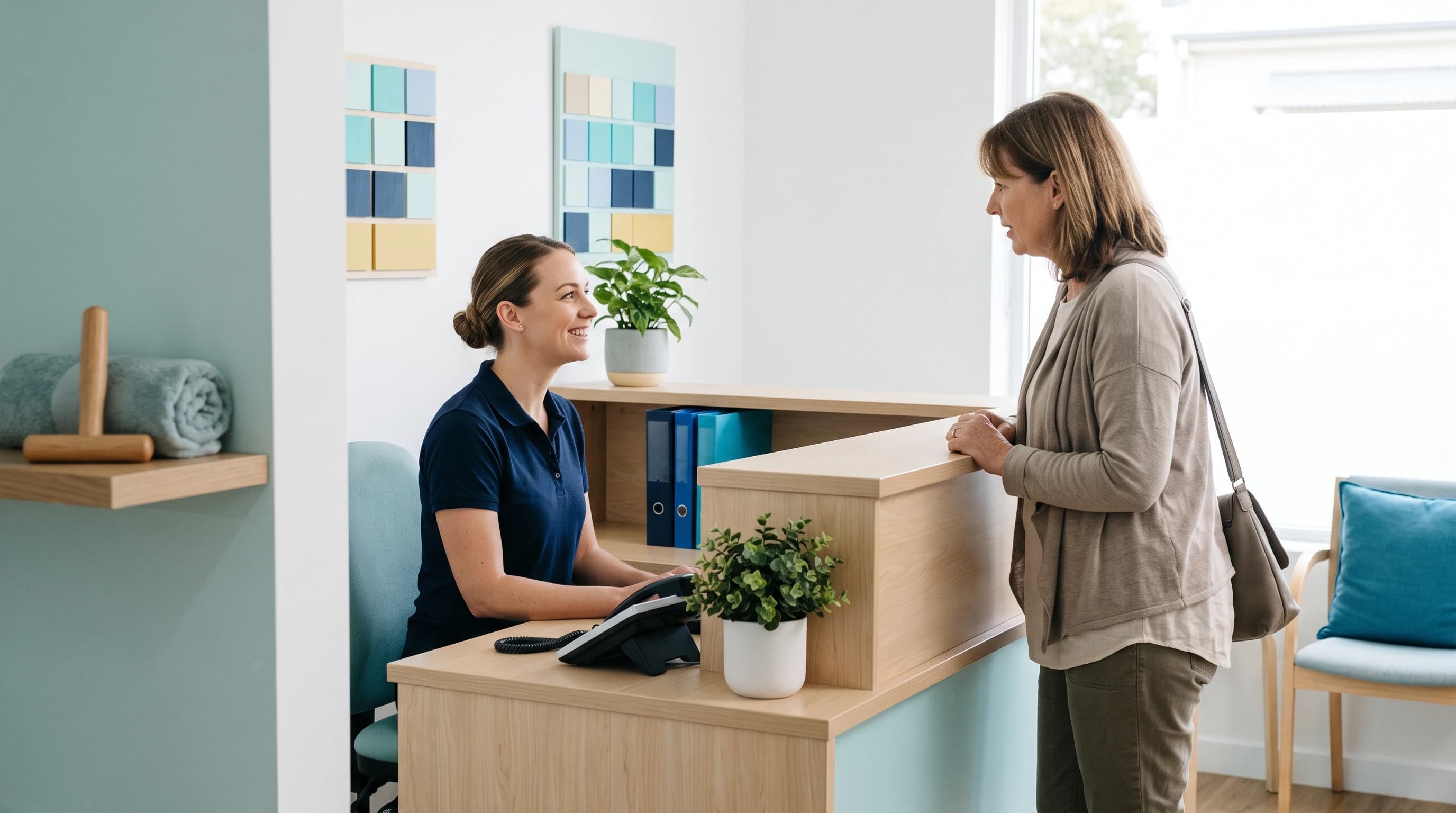 Photo of a myotherapy clinic reception running smoothly with a trigger-point tool and rolled towels on a shelf