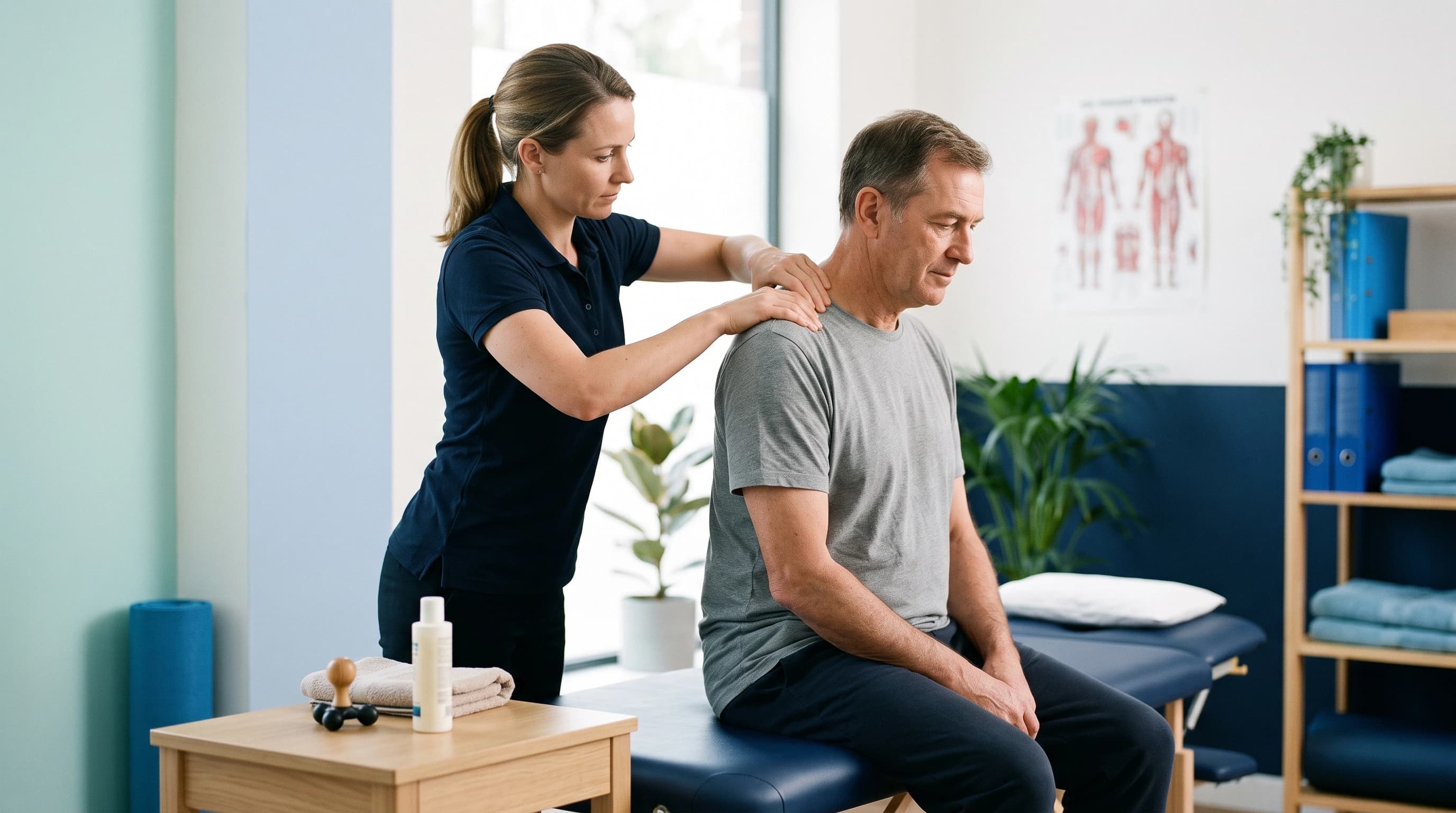 Photo of a myotherapist working soft tissue on a client's upper shoulder in a calm clinic room