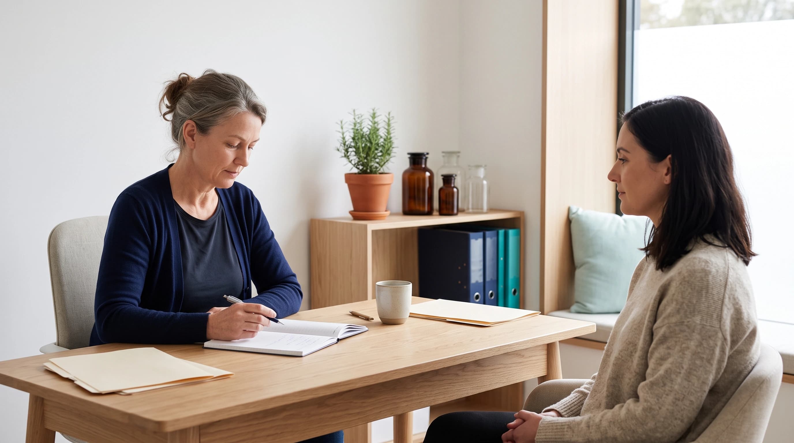 Photo of a naturopath talking with a client at a wooden desk in a warm, plant-filled consult room