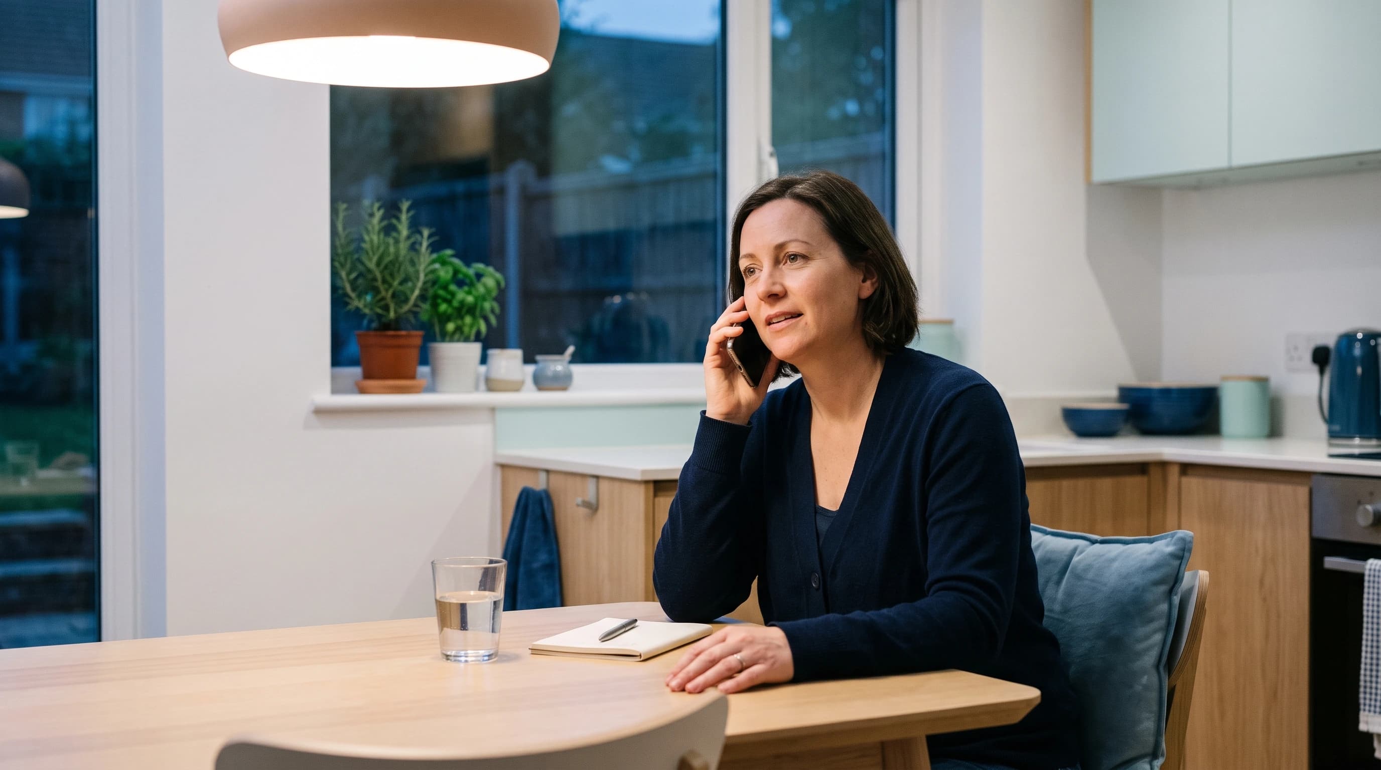Photo of a person at a kitchen table in the evening calling a nutritionist, a notebook and glass of water on the table