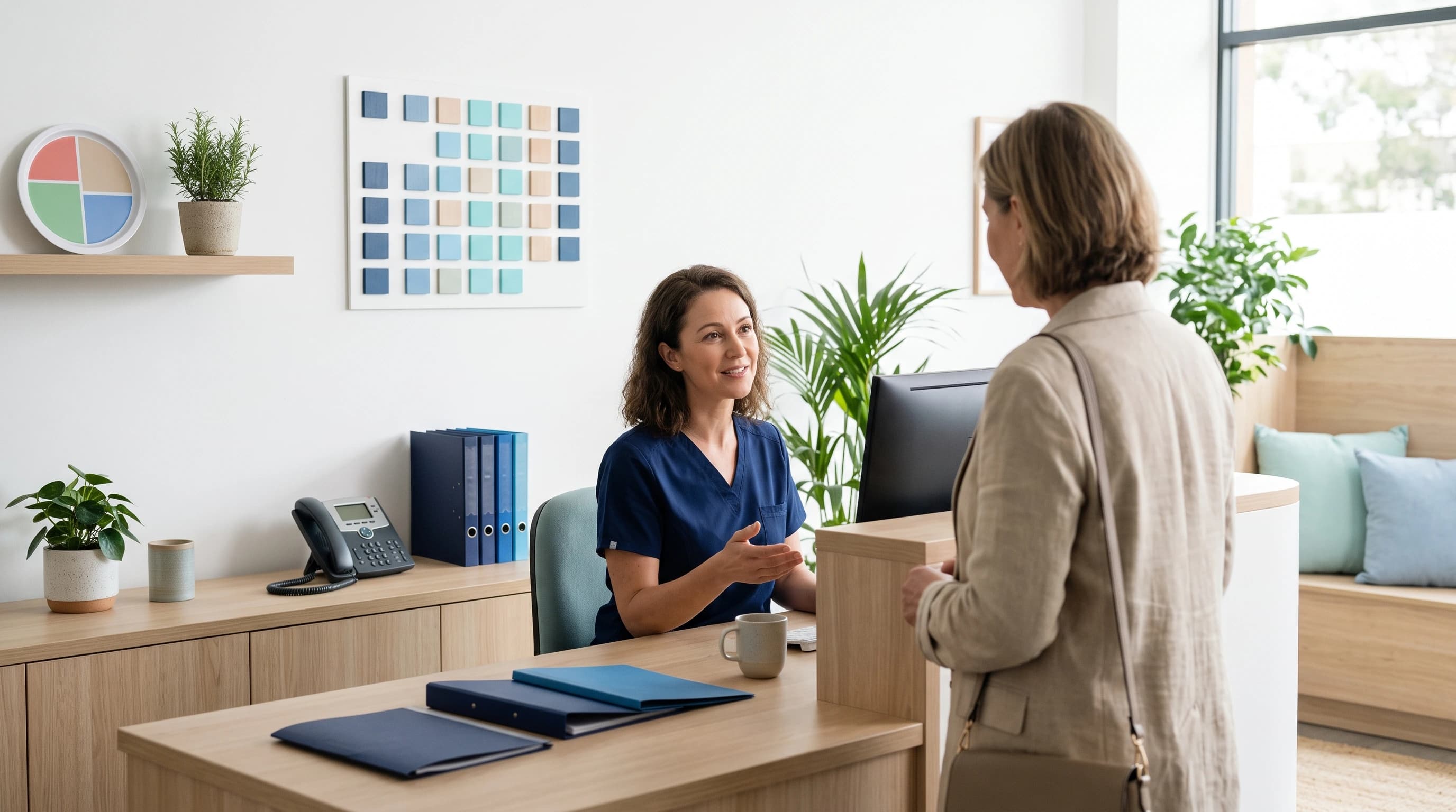 Photo of a nutritionist's wellness clinic reception running smoothly with a plate model and herb plant on a shelf