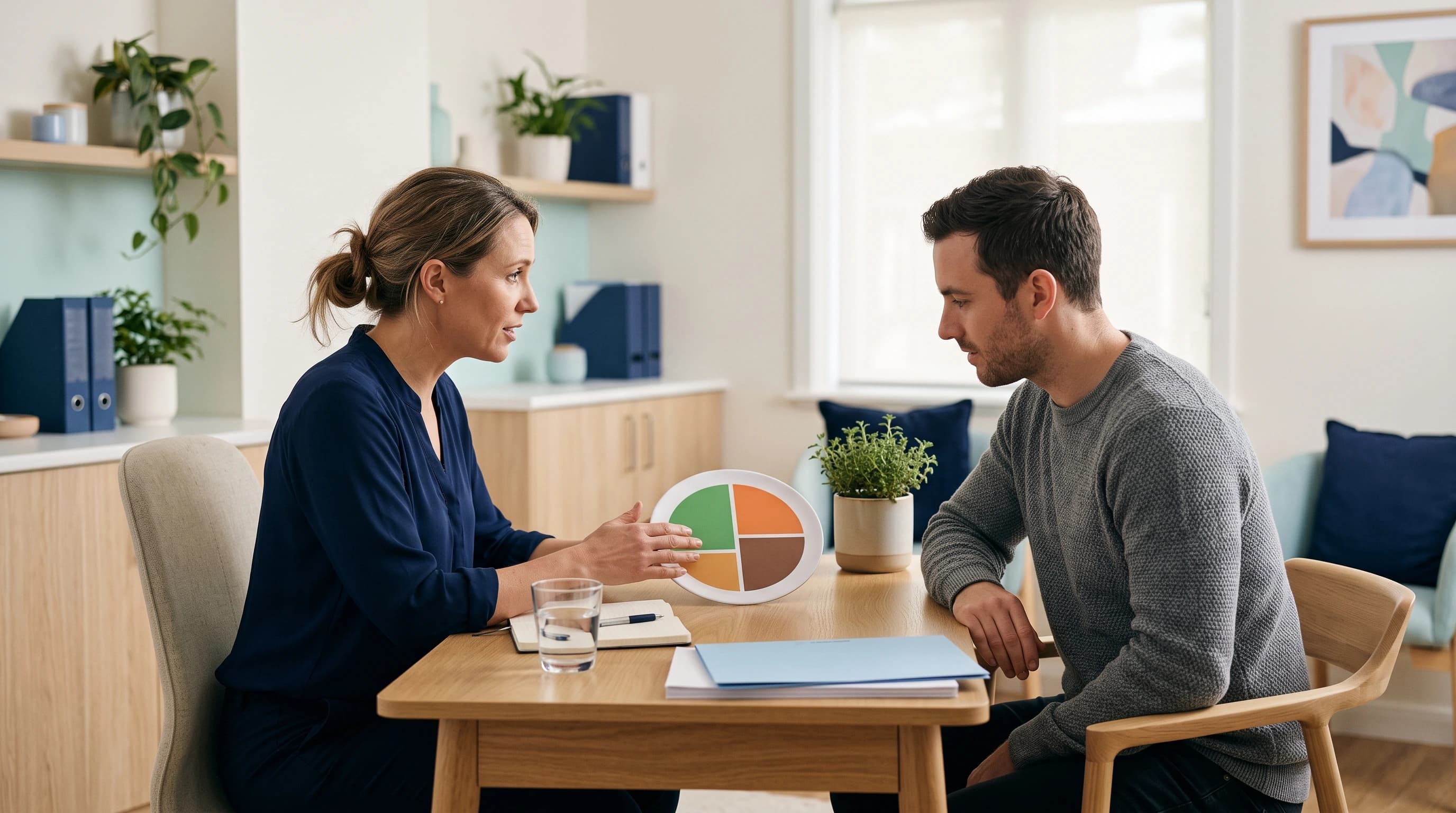 Photo of a nutritionist and a client talking across a desk with a plain plate model in a bright wellness-focused consult room