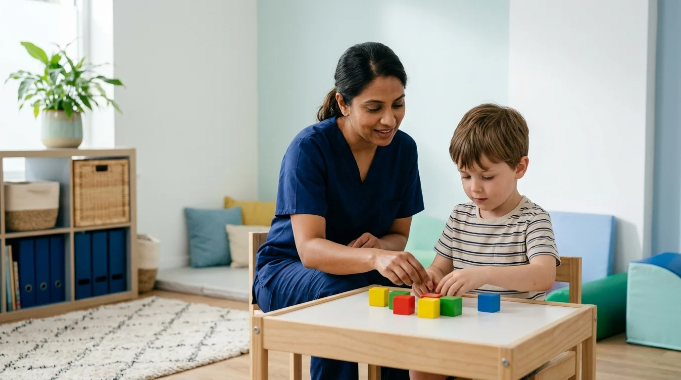 Photo of an occupational therapist guiding a seated patient through a fine-motor task in a bright clinic room