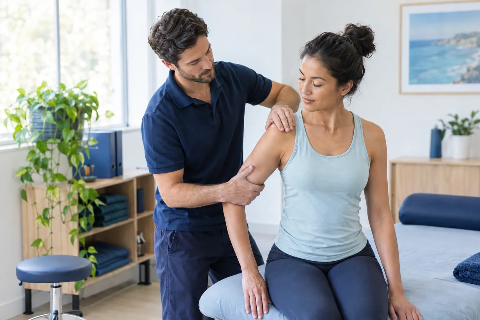 Photo of a osteopath gently treating a patient's shoulder in a calm clinic room