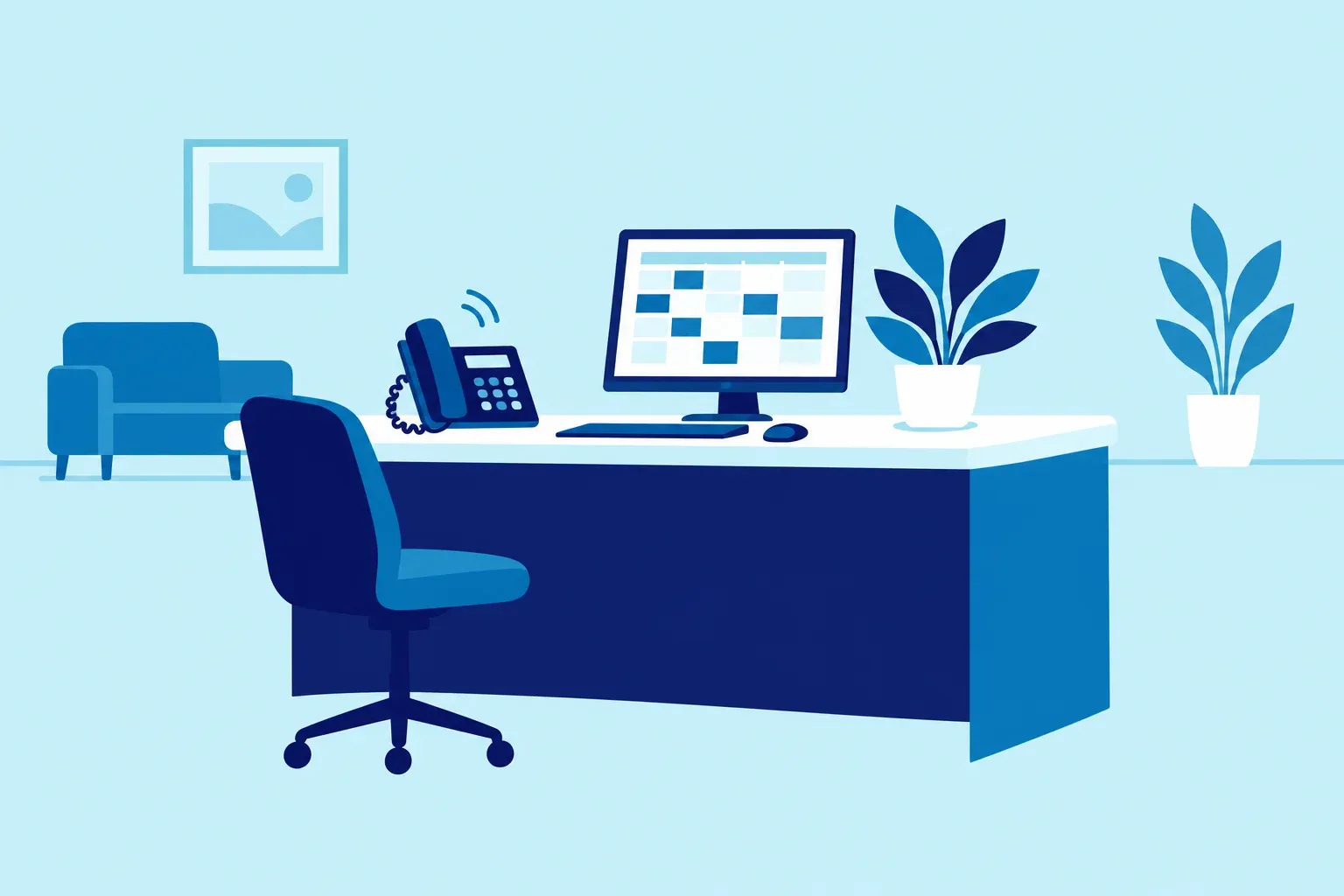 Illustration of a clinic front desk with a ringing phone and a booking calendar