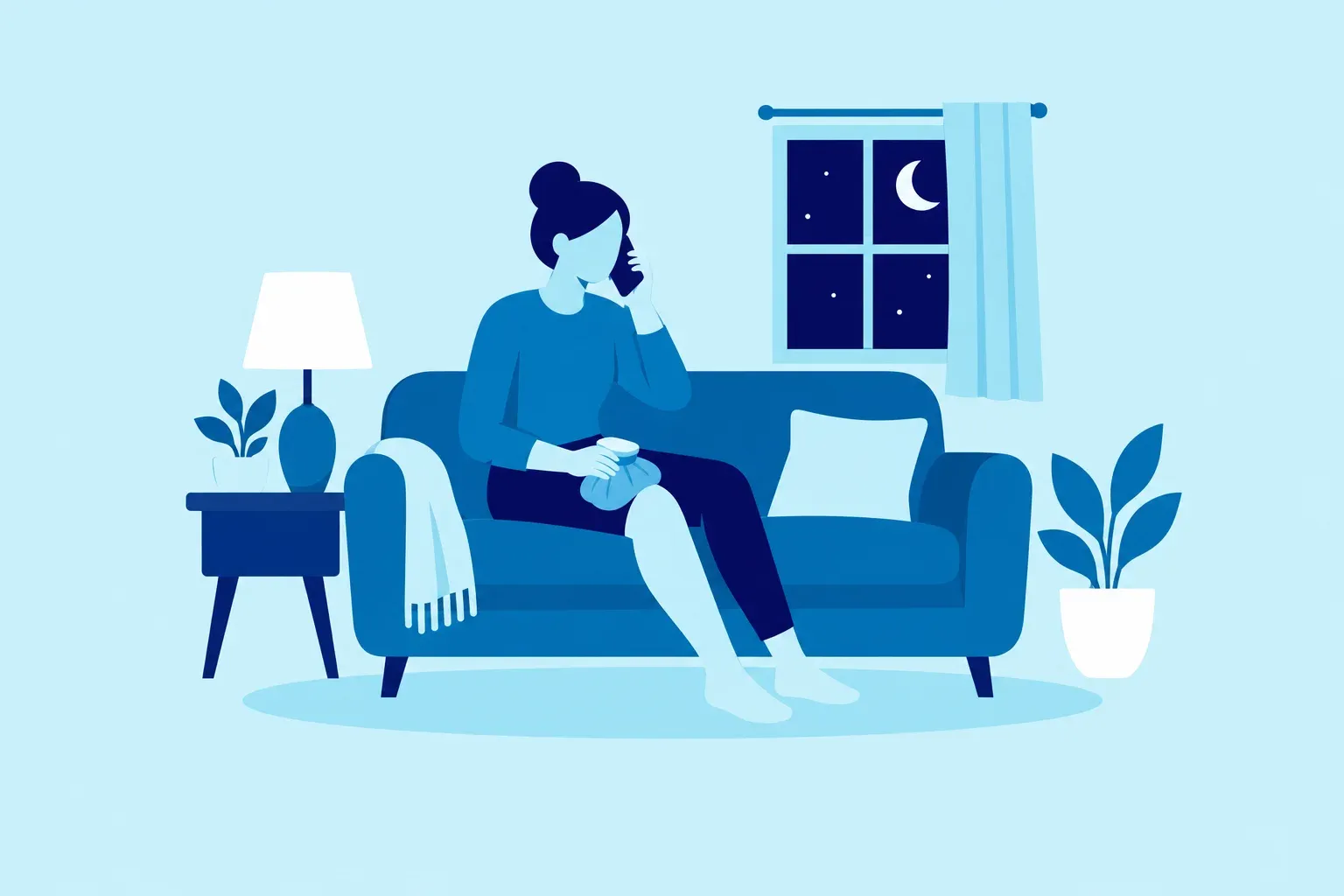Illustration of a person at home in the evening calling about a knee injury