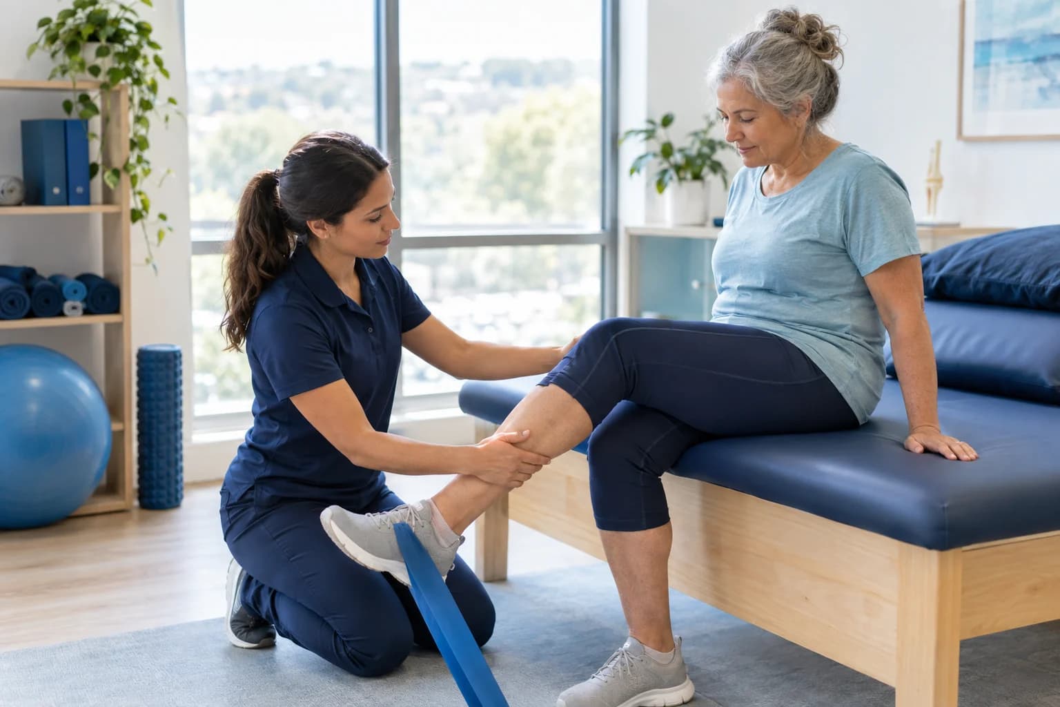 Photo of a physiotherapist helping a patient with a knee exercise in a calm clinic room