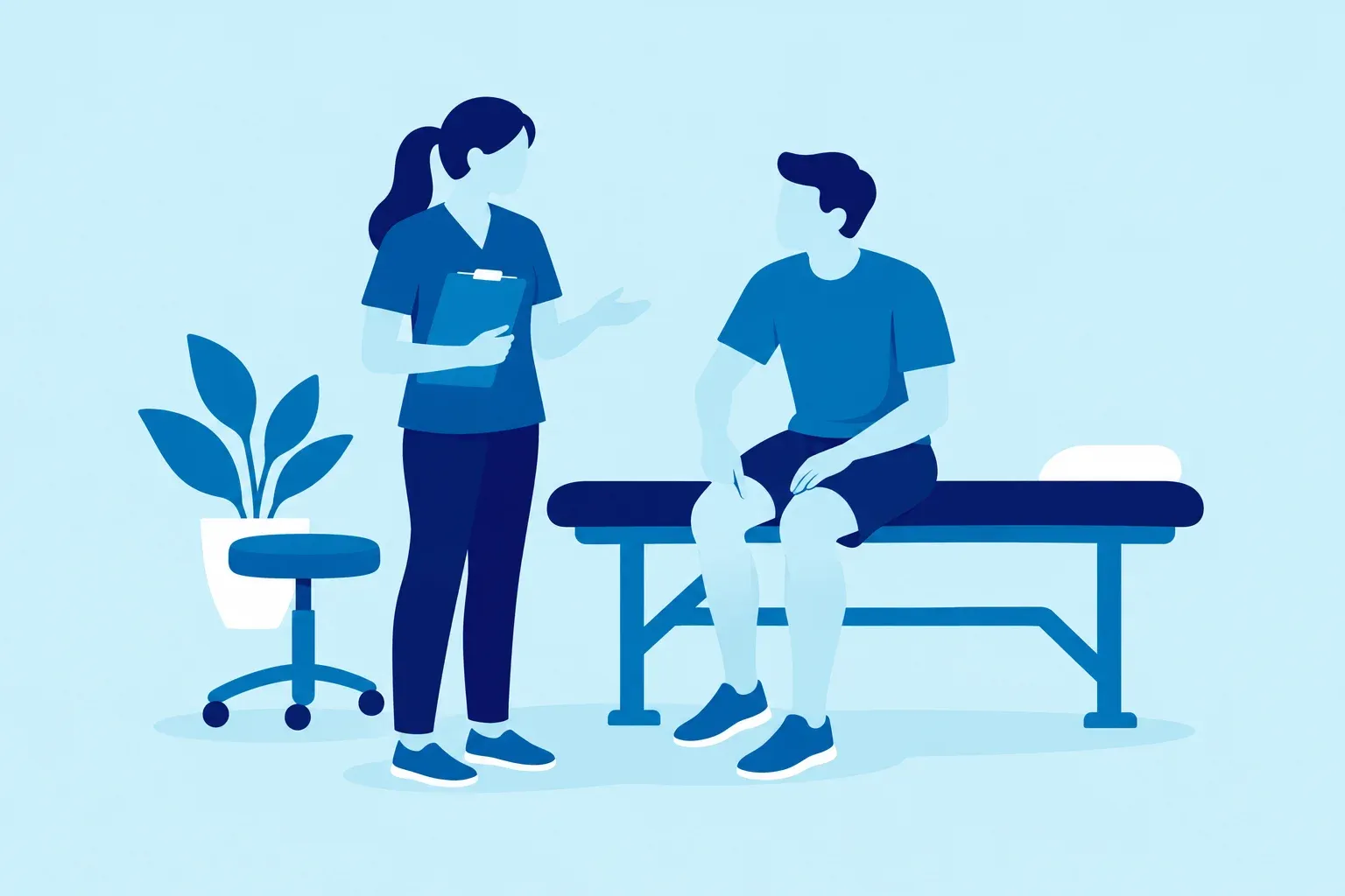 Illustration of a physiotherapist talking with a patient about their knee