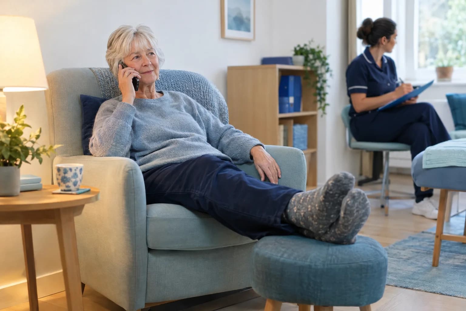 Photo of an older person at home in the evening making a call