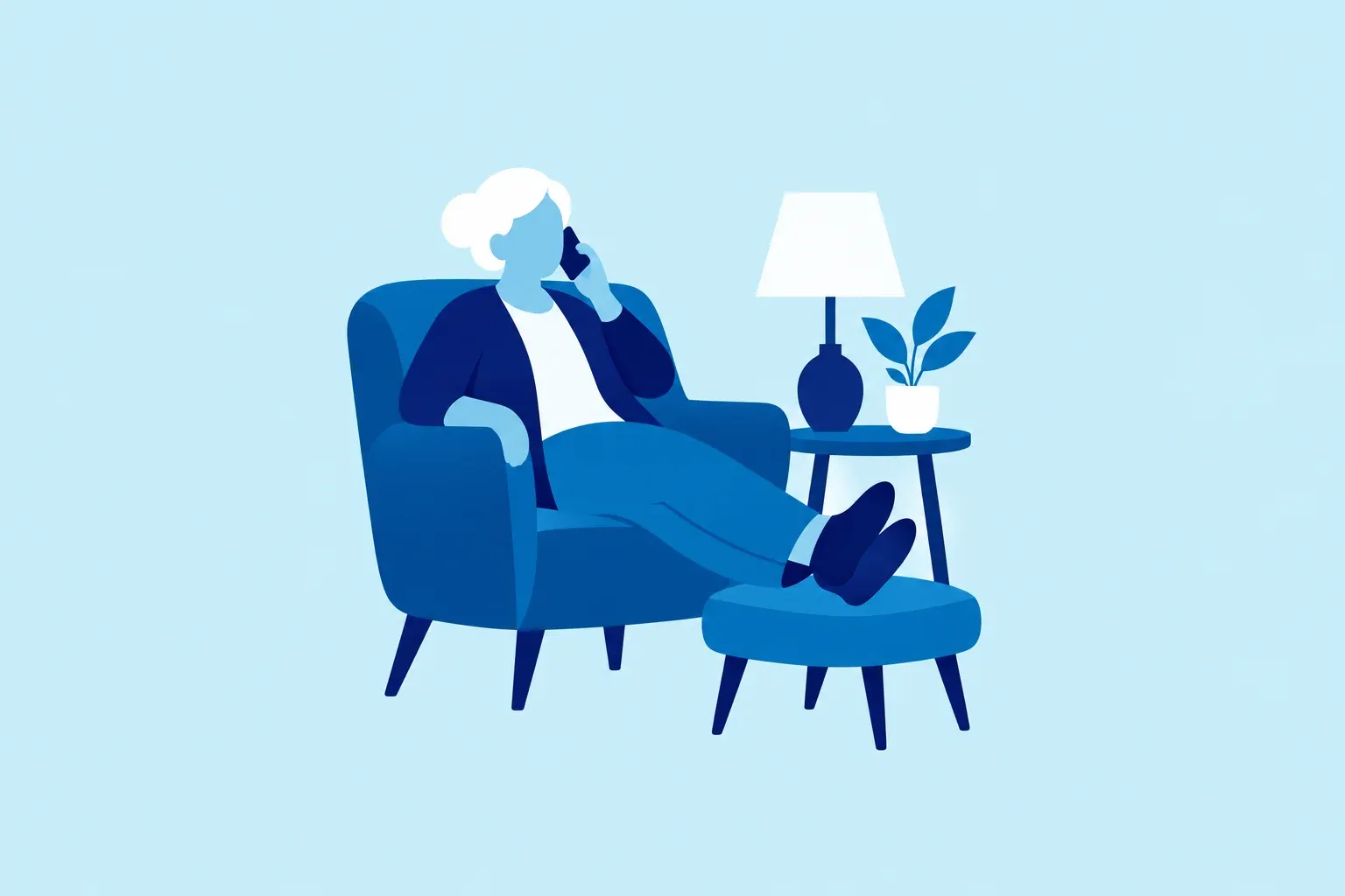 Illustration of an older person at home in the evening making a call