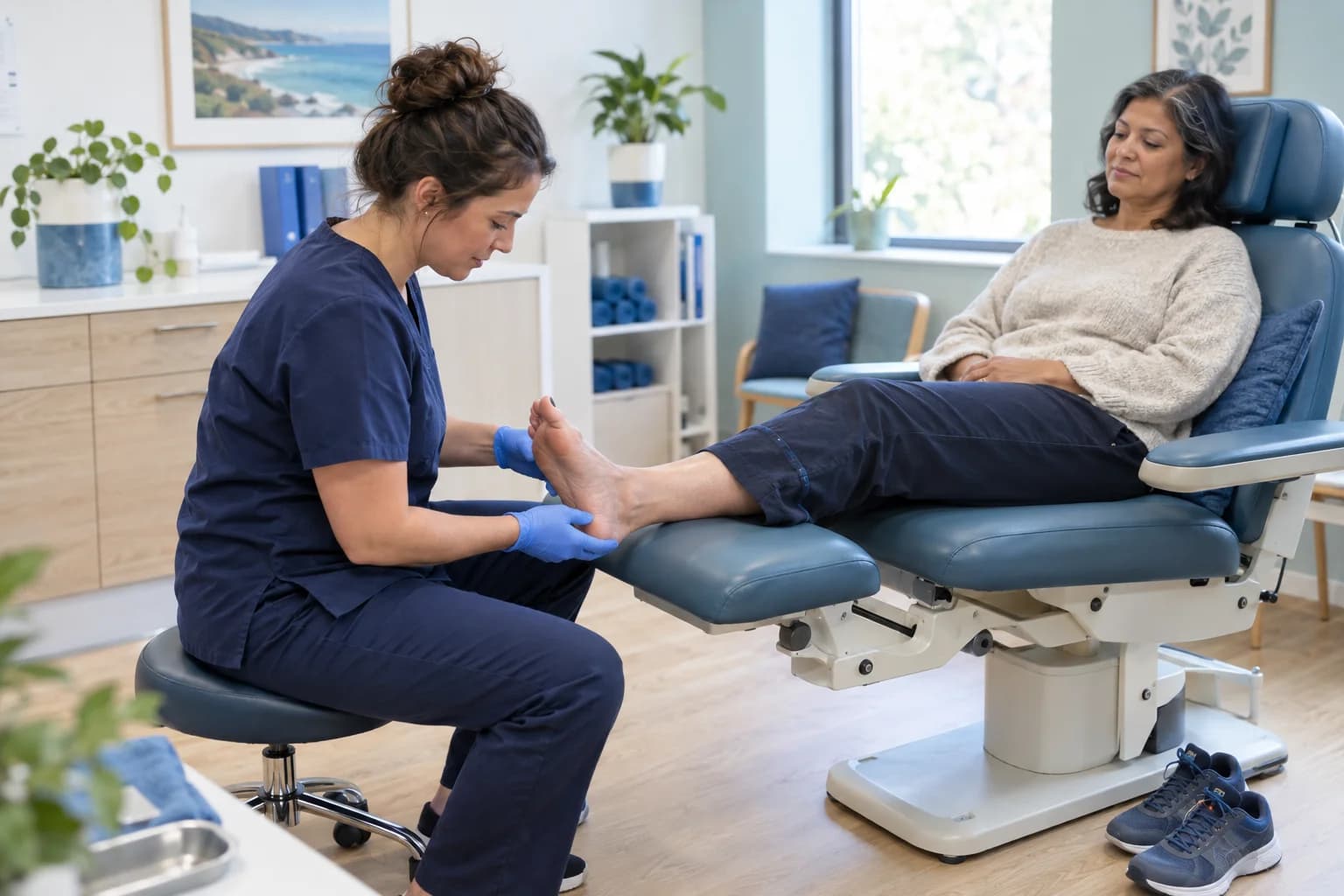 Photo of a podiatrist examining a patient's foot in a calm clinic room