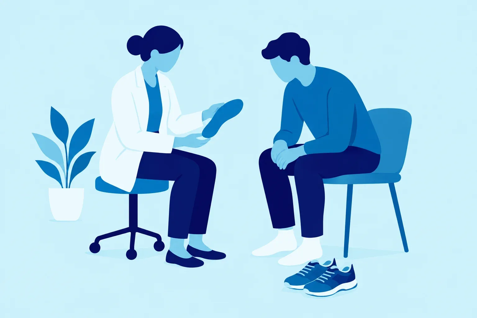 Illustration of a podiatrist showing a patient a shoe insert