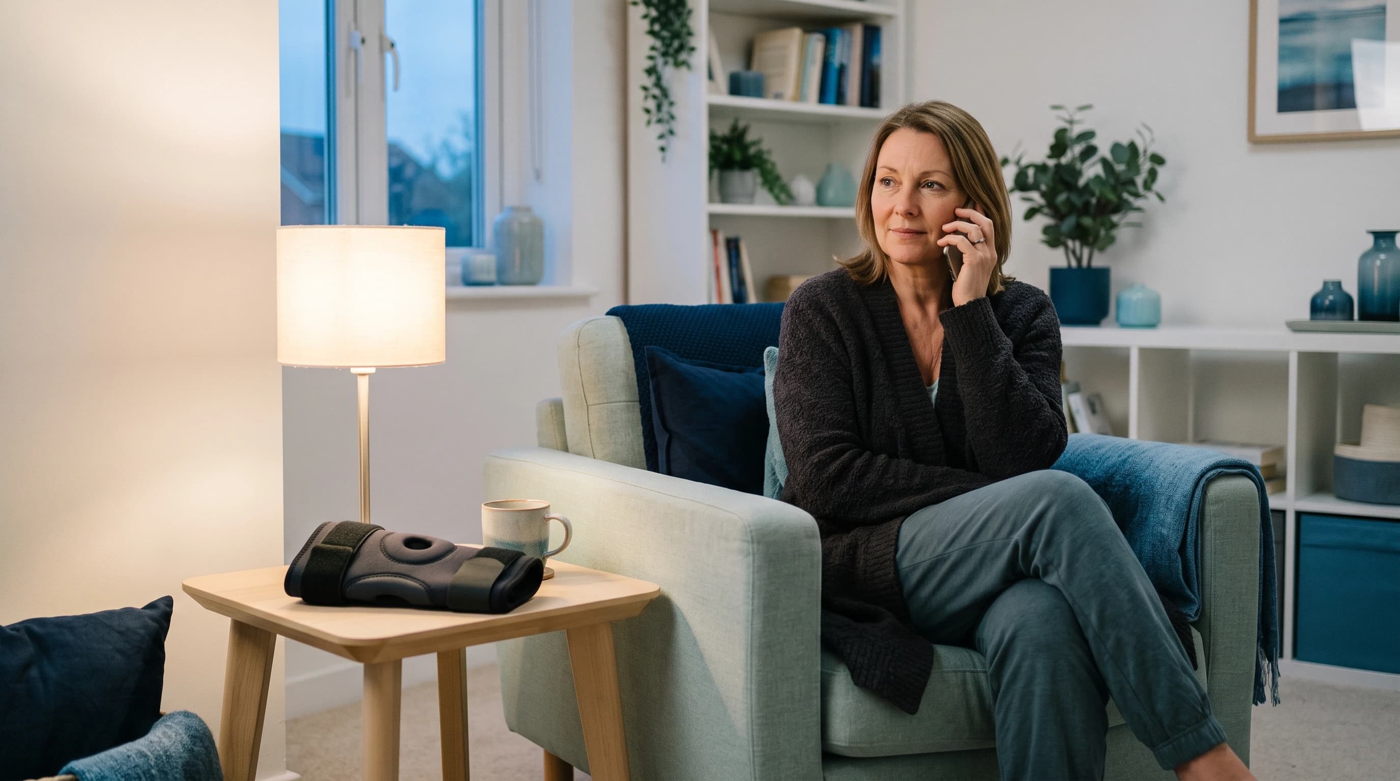 Photo of a person at home in the evening calling a prosthetics and orthotics clinic
