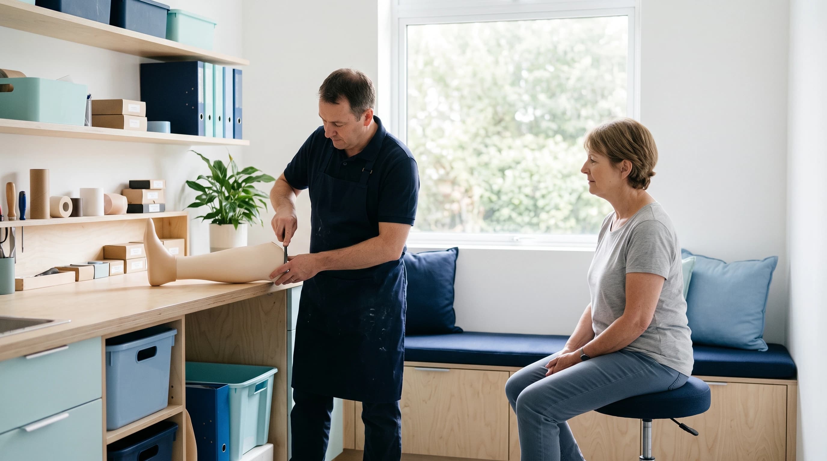 Photo of a prosthetist working on a lower-limb prosthesis in a bright workshop while a client waits calmly