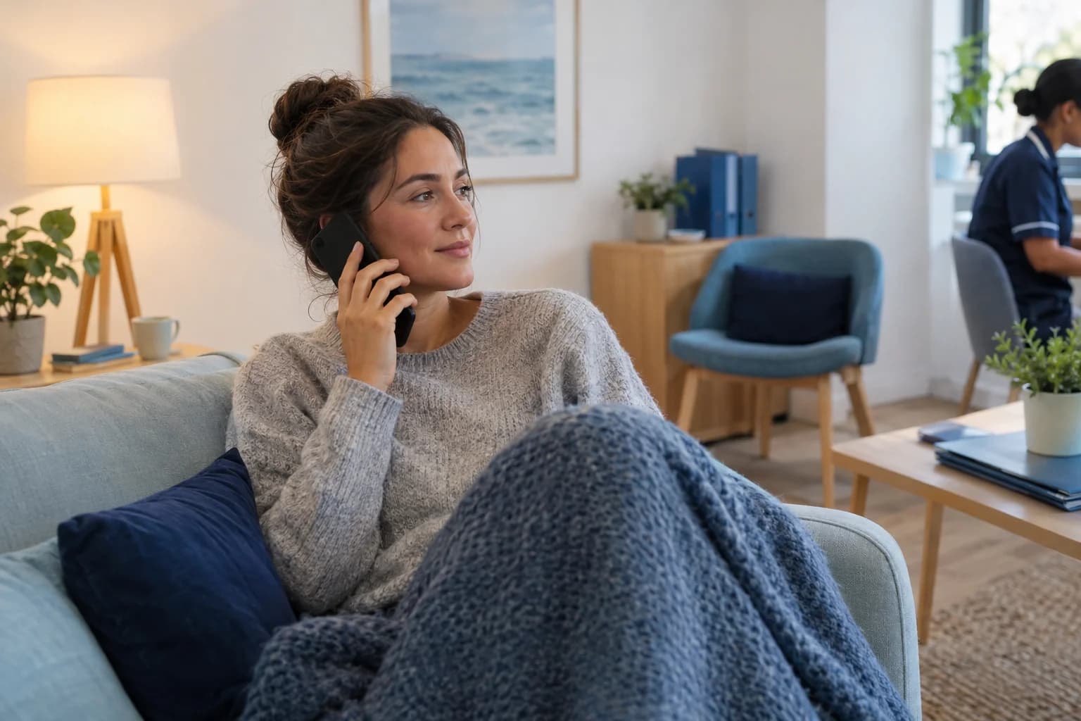 Photo of a person calmly making a phone call at home in the evening