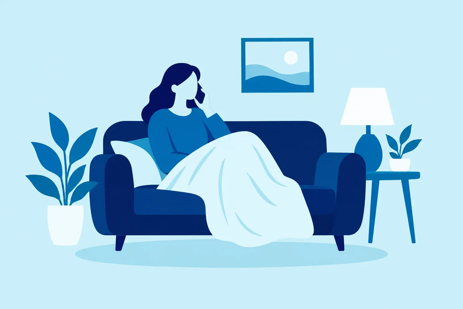 Illustration of a person calmly making a phone call at home in the evening