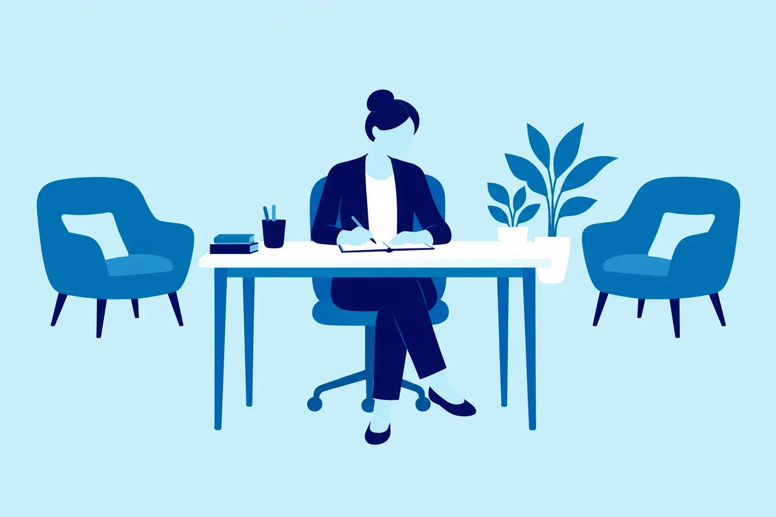 Illustration of a psychologist writing notes at a desk