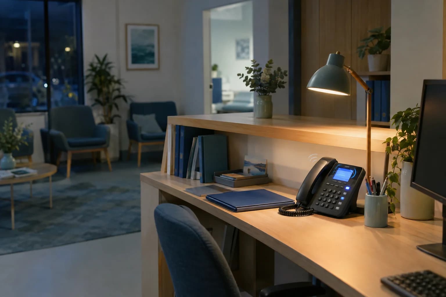 Photo of a clinic front desk at night, a desk phone lit up as it rings