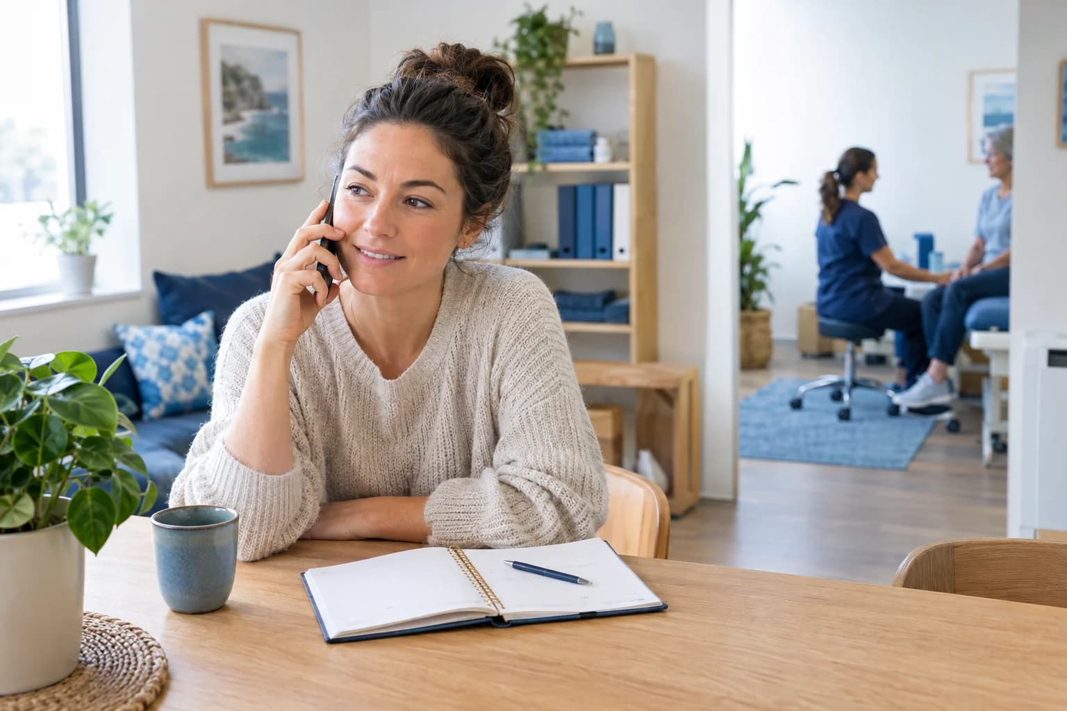 Photo of a woman on the phone moving an appointment, her diary open on the table