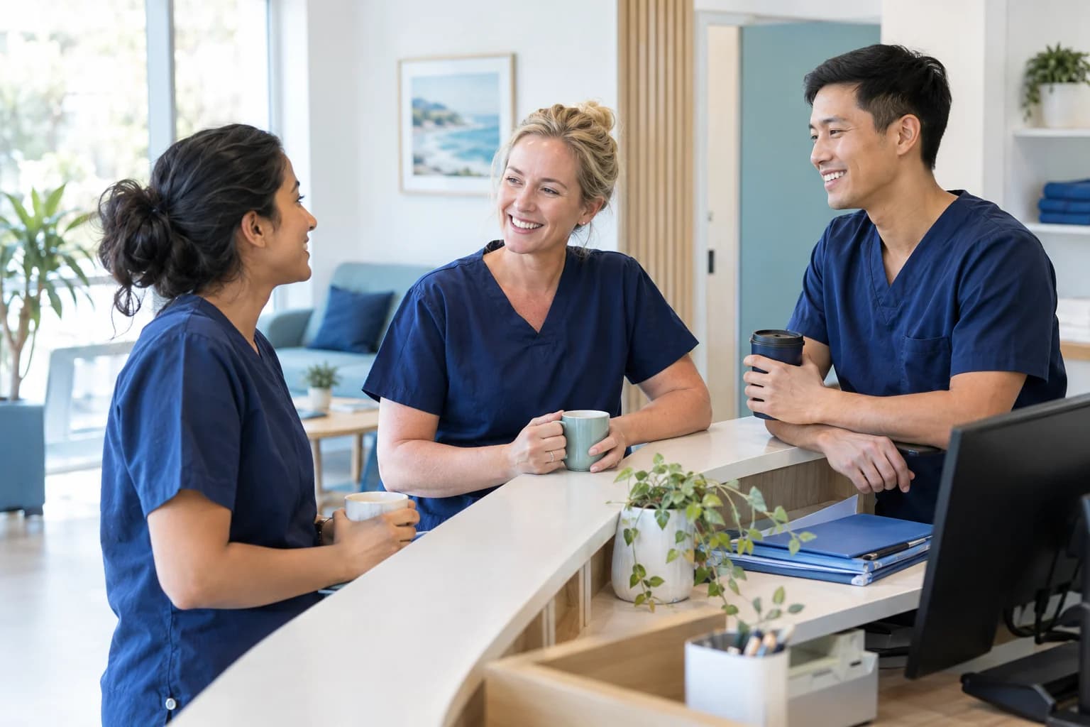 Photo of a small clinic team chatting at the front desk before opening