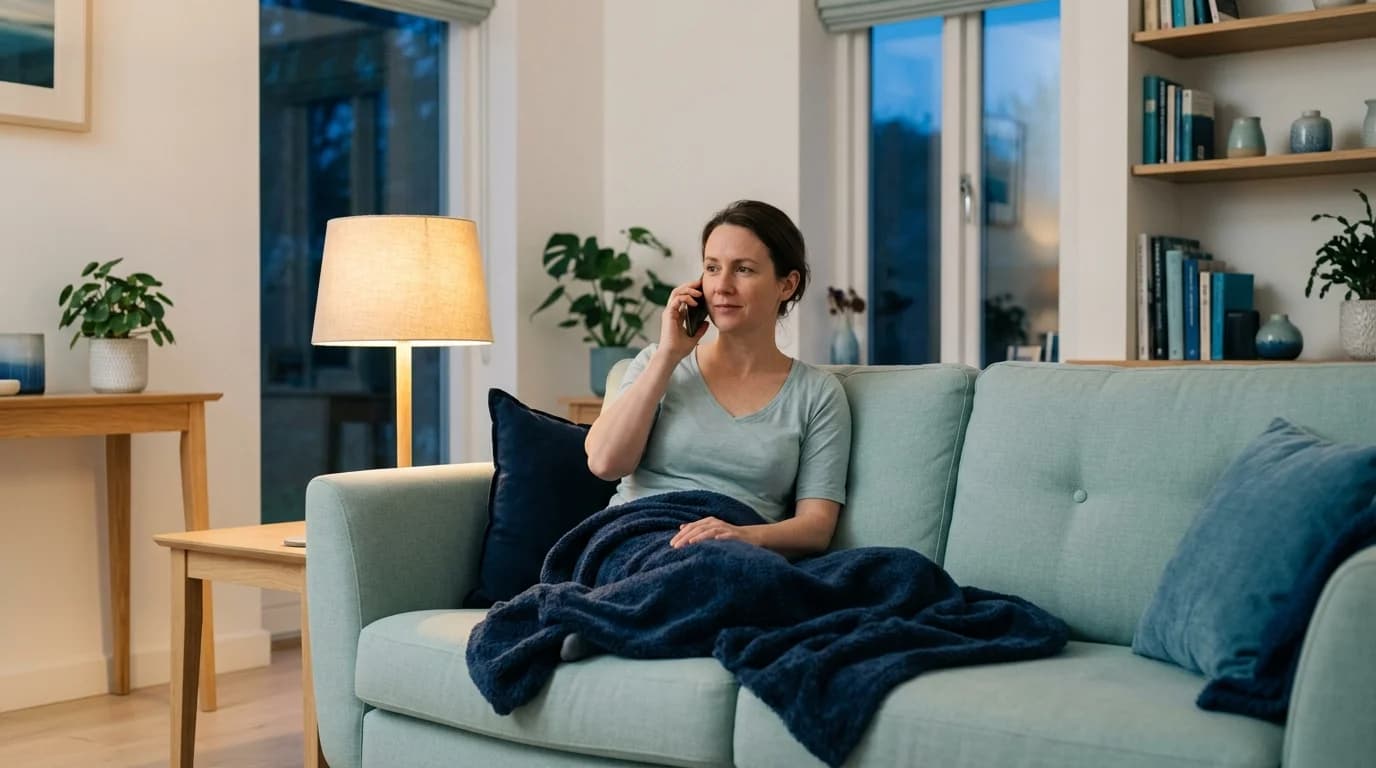 Photo of a person at home in the evening calmly making a phone call