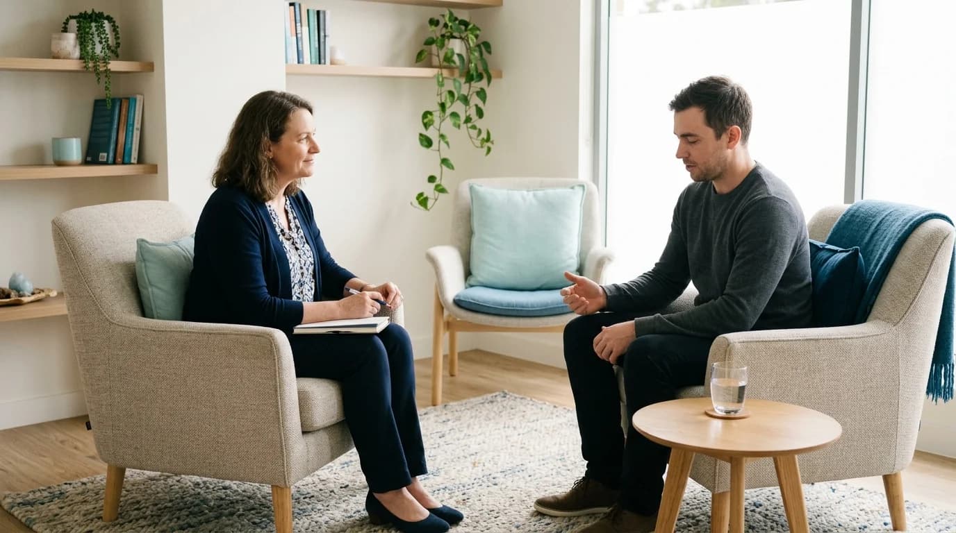 Photo of a social worker and a client sitting across from each other in a warm office