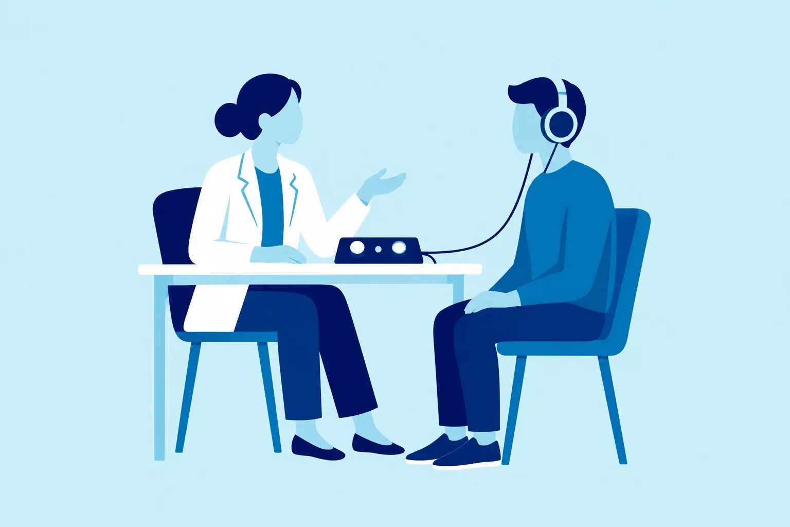 Illustration of an audiologist with a client wearing headphones