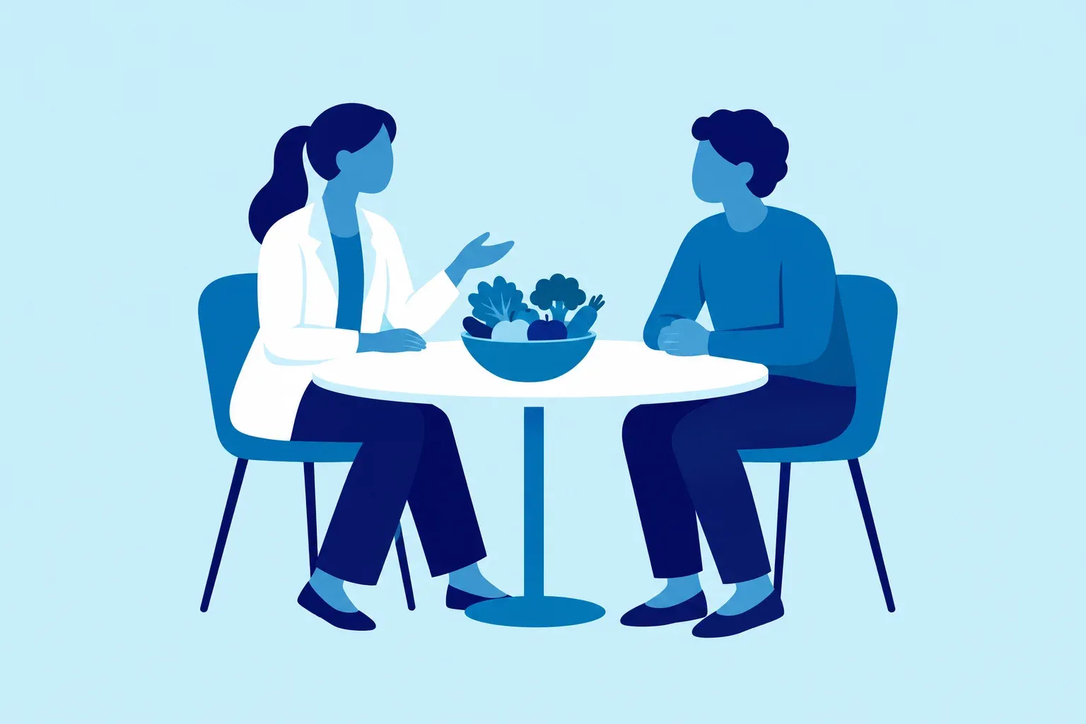 Illustration of a dietitian talking with a client about food