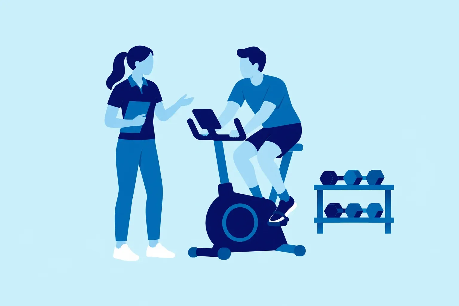 Illustration of an exercise physiologist guiding a client on an exercise bike