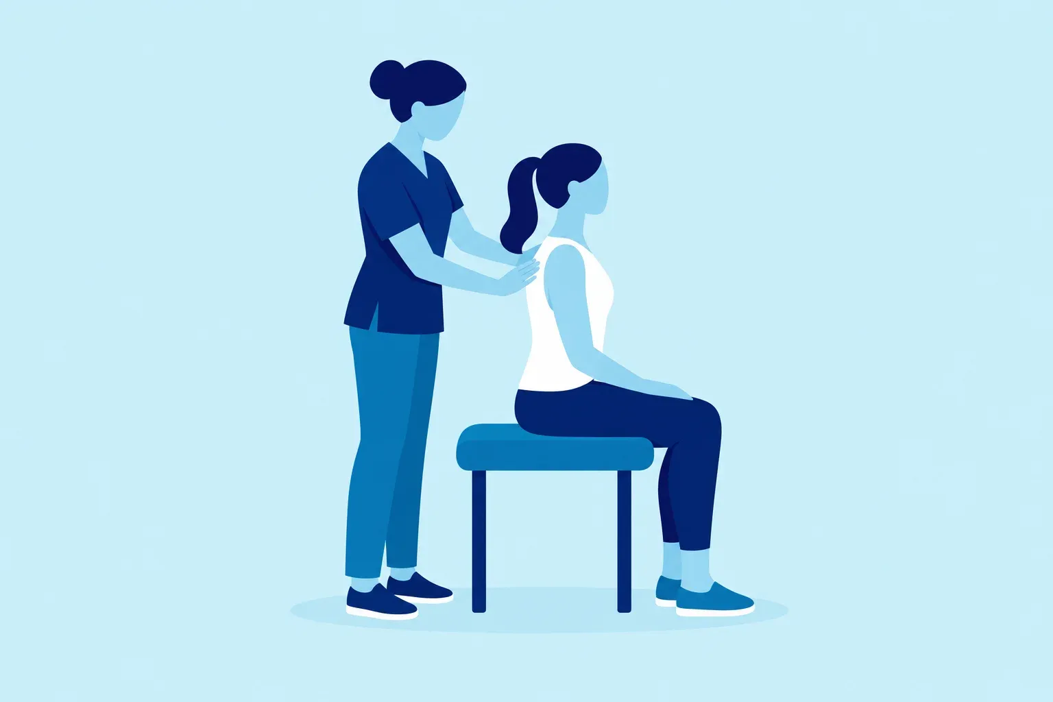 Illustration of an osteopath assessing a seated patient's shoulder